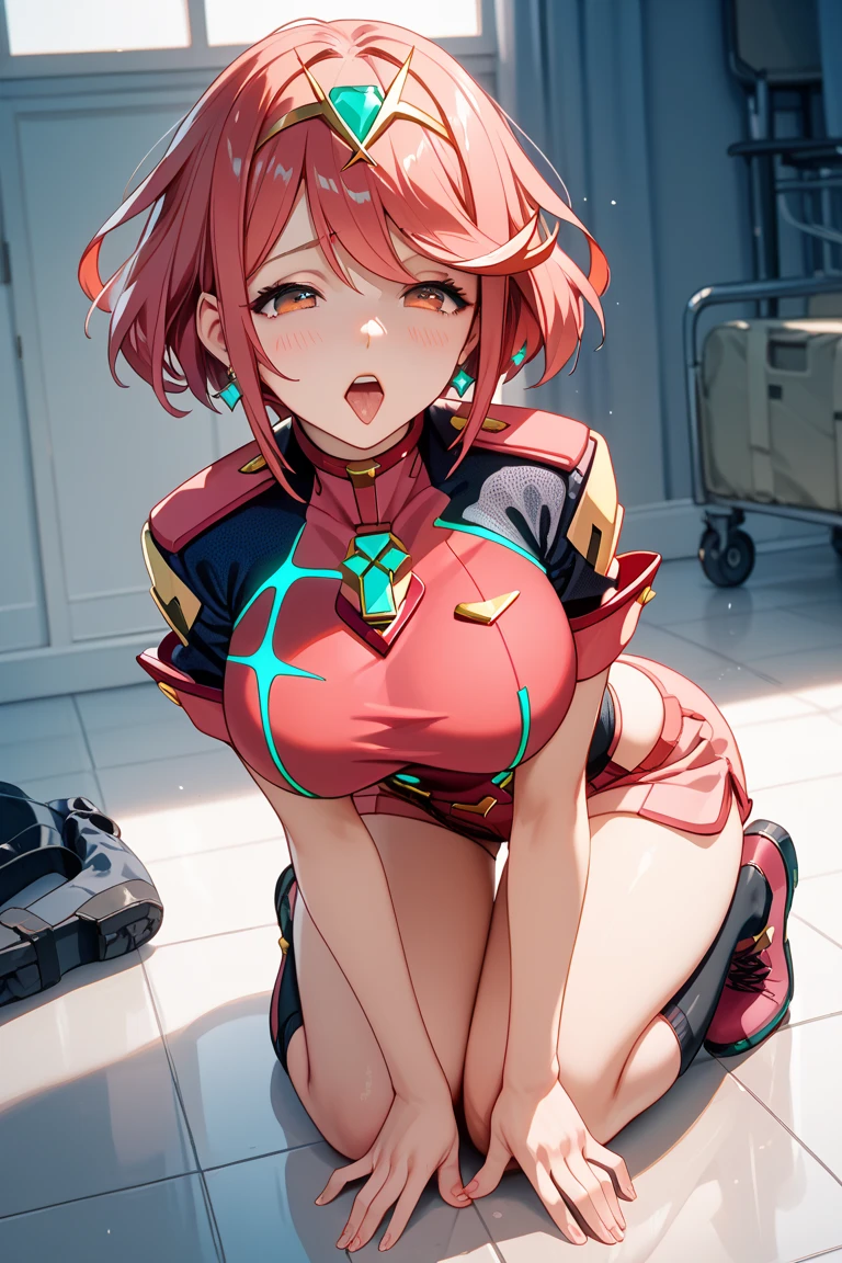1 girl, in a room, red panties, medium breasts, short hair, green hair, blue eyes, elbow gloves, cute girl, smiling, mecha headgear, seductive pose, portrait, beautiful girl, grabbing her breasts with her hands