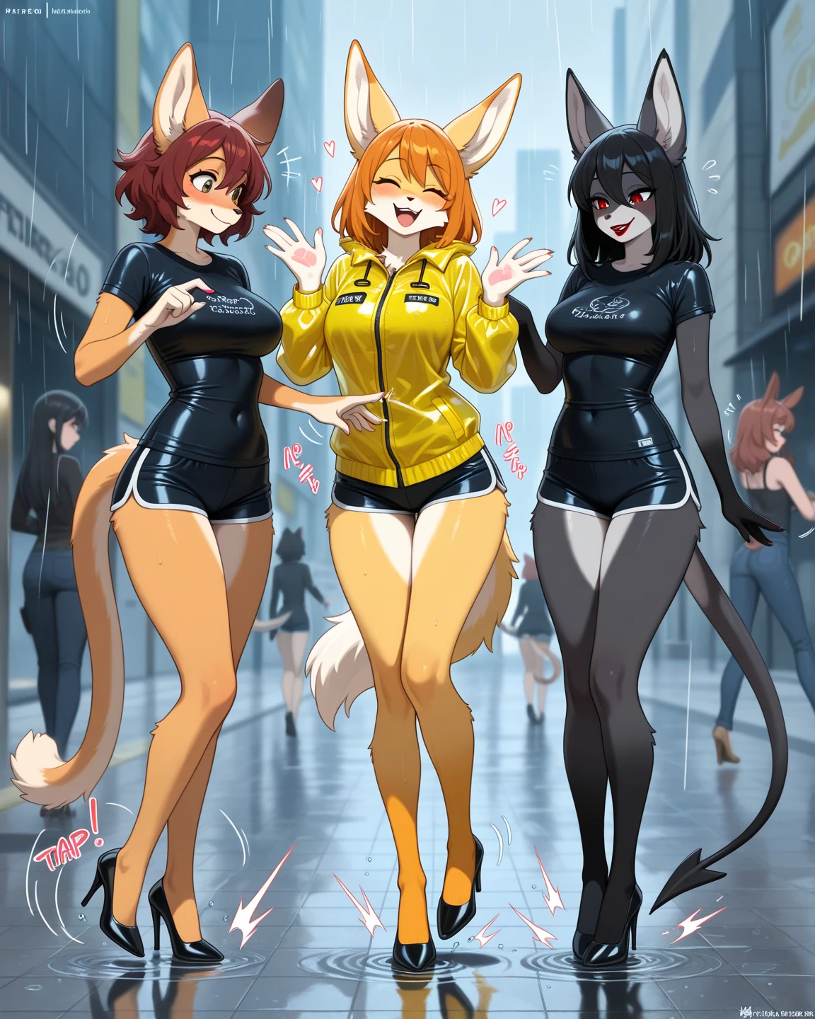 3 girls, rooftops, full face blush, looking at user, any outfit, 3 girls, massive breasts, massive butt, massive hips, undersized outfit, any outfit, umbreon, any outfit, fluffy fur, any pose, any expression, any eye color and pupils, doing anything, night, any angle, any view