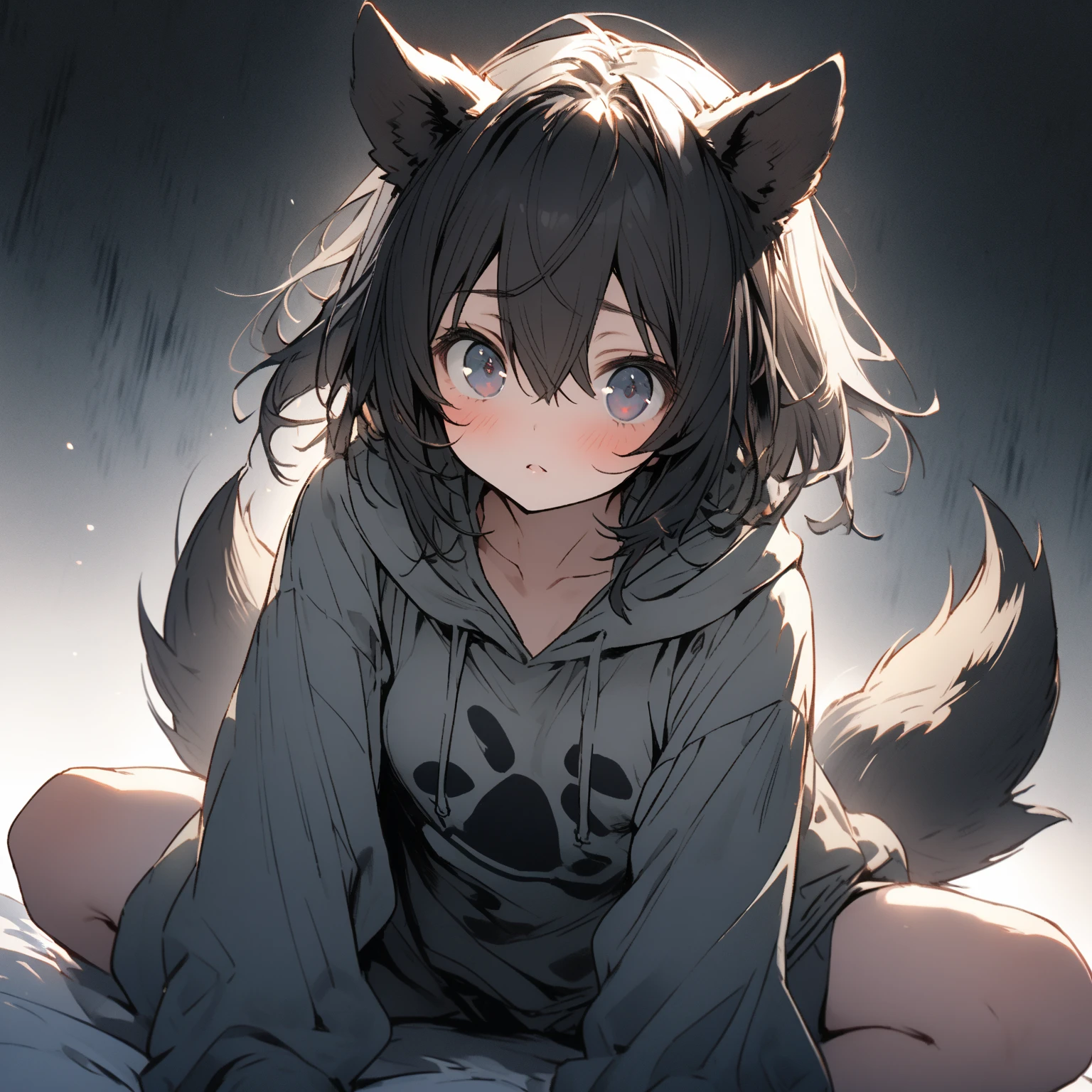 gray fur girl full body thigh shy cat ears blank background