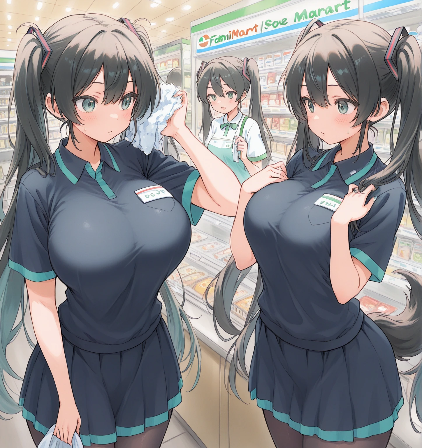 TOUYAMAMISUZU, GREEN HAIR SHORT HAIR, GLASSES, GREEN EYES,, empty eyes Running, wearing nothing, bare-skin, navel, the groin, BREAK in front of convenience store, large breasts、 Nipples, nsfw, nipple , wet