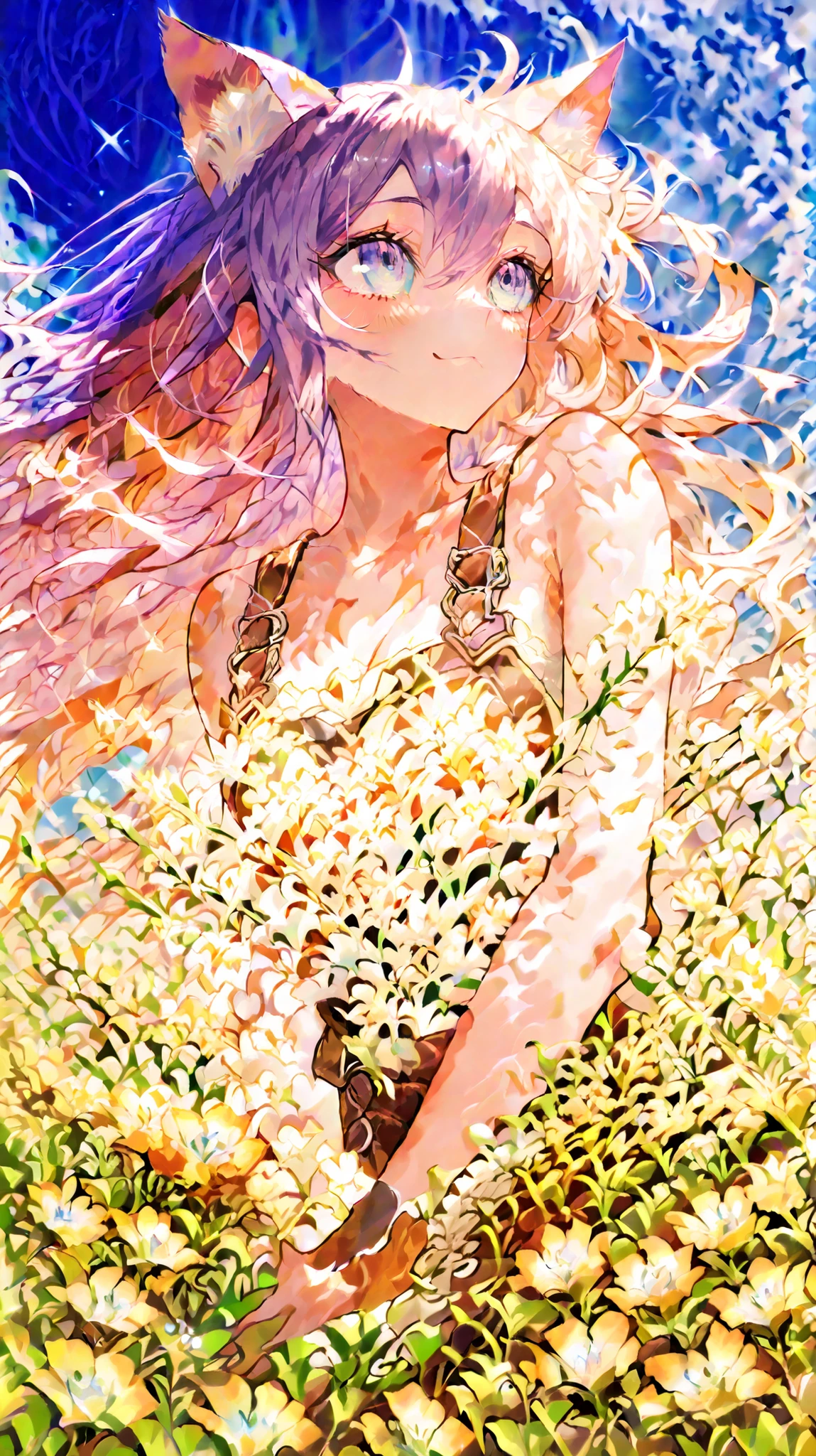 Vivid and dreamy natural scenery: Background Japanese nature: Background, Cat looking back at you, Fluffy Clouds. waterfalls and streams  : In the center, Spectacular waterfall flowing down the mountain. From there, small waterfalls and streams  flow down through the rocks.   Plants and flowers  : Mysterious flower field in the foreground、A variety of brightly colored, colorful flowers are scattered brightly, Pinkを含む, yellow, and purple: red, Blue, yellow, purple, white, orange, Pink. Diverse plants and rich vegetation adorn the landscape.   Overall Atmosphere  : Background, a Blue sky is dotted with many sparkles and glitters.Cats look back at us in the center,((Cats look back and look up at you))