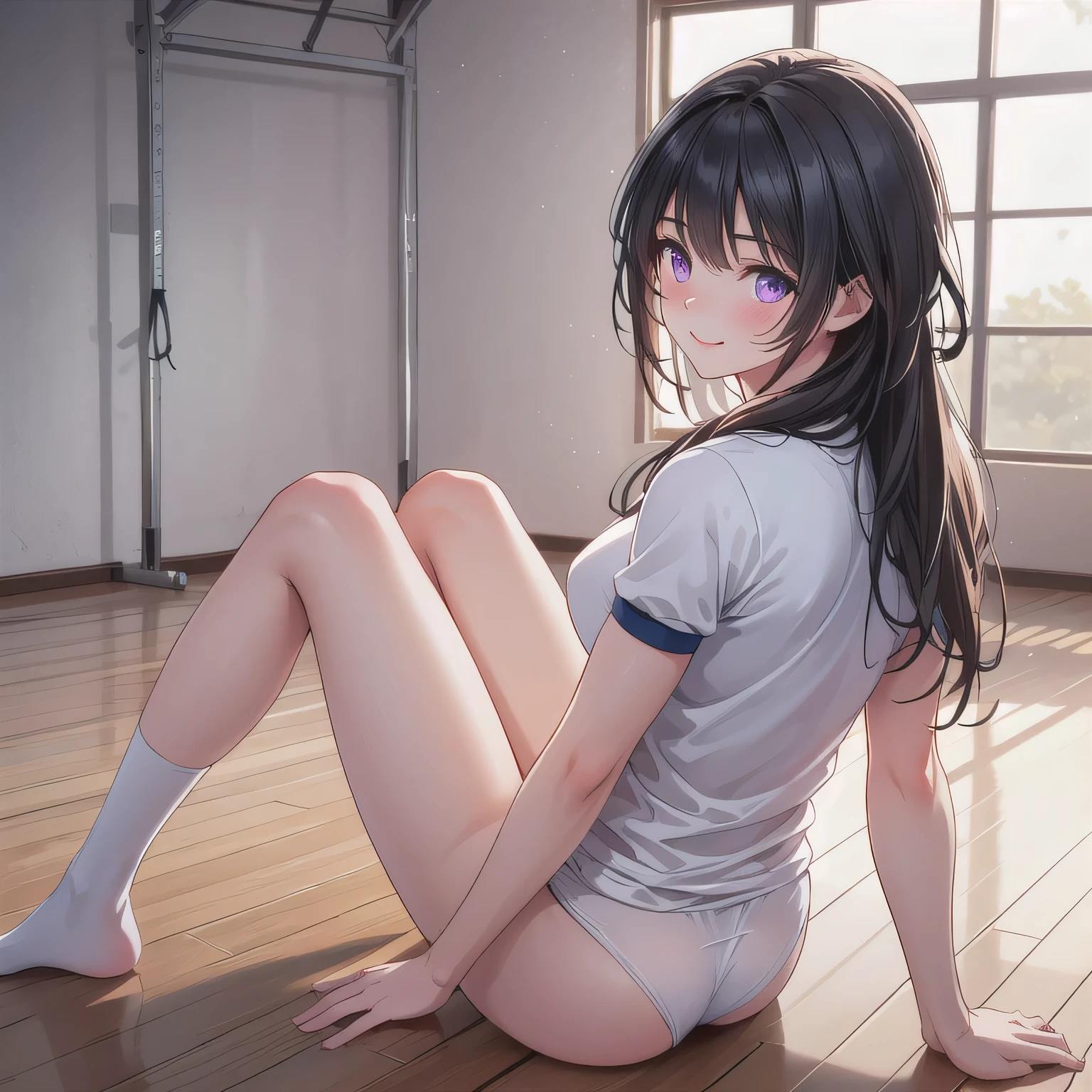 A young person sits on the polished wooden floor of a brightly lit gymnasium, knees drawn to their chest with arms wrapped around their legs. White panties are visible. Soft light from tall windows reflects off the glossy floor, creating gentle patterns. Their relaxed posture suggests quiet contemplation as they gaze at the open space ahead. The gym walls, marked with faded sports lines and scattered equipment, frame the serene atmosphere.A 20-year-old woman smiles gently, friendly. (RAW photos, top quality), (realistic, photo-realistic:1.4), masterpiece, extremely delicate and beautiful, highly detailed, 2k wallpaper, ultra-detailed CG unity 8k wallpaper, ultra detail, high res, soft light, beautifully detailed girl looking back, extremely detailed eyes and face, beautifully detailed nose, cinematic lighting, perfect anatomy, slender body. dark hair, long hair, purple eyes.
