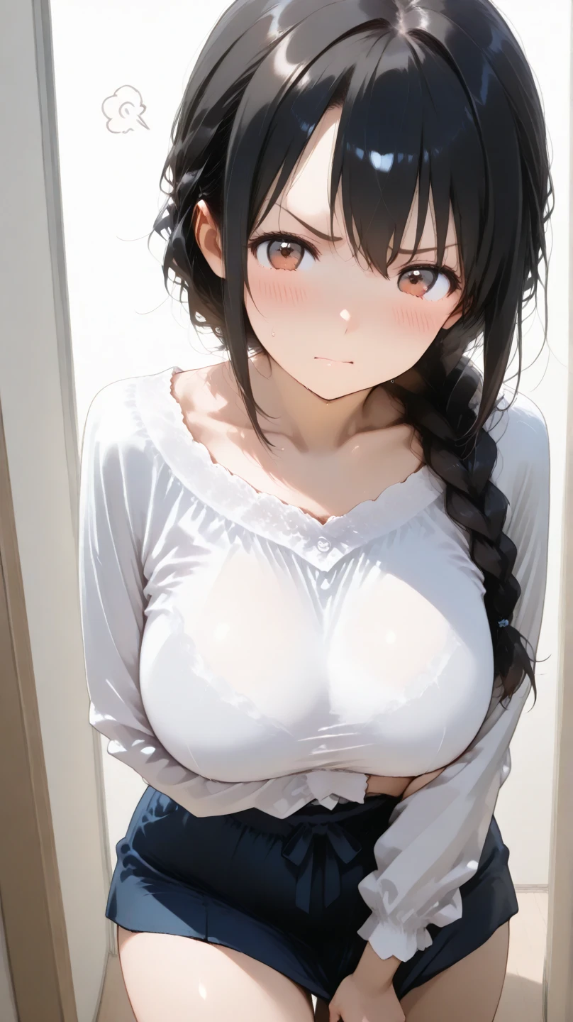 (in 8K), ((ultra-quality)), (looking up), (upward glance), (Bukkake:1.5), (front view), (in 8K), (arms behind back:1.5), ultla highres, Hyper Detailed, High contrast, Ultrafine Strike, creative refinement, absurdres, Realistic, extremely detailed CG unified 8k wallpaper, Highly detailed, High-definition raw color photos, professional photograpy, Realistic portrait, Cinematic Light, Beautiful detailed, 28 years old woman, (realistic skin:1.3), (shiny skin), (Best Quality:1.4), Super Detail, High quality, master piece, lifelike, (After SEX), Bukkake, Perfect face, (Sharp Focus), (Cowboy shot), (close up), Delicate Beautiful Hair and Eyes and Face, Delicate eyes, radiant eyes, Lifelike, Hyper-detailing, 1lady(nude upper body), (mini pleated skirt), (panties), (sheer pussy), (no tie), (no bra), (large areola), (puffy nipples), (sexy nipples), (black mini pleated shirt), (sexy thighs), (colossal tits:1.9), (big breasts:1.7), (Beautiful breasts:1.5), (wet), (arms behind back), Beautiful cute woman, camel-toe details, (NSFW), wet clothes, pale black eyes, (dark hair), (asymmetrical bangs),