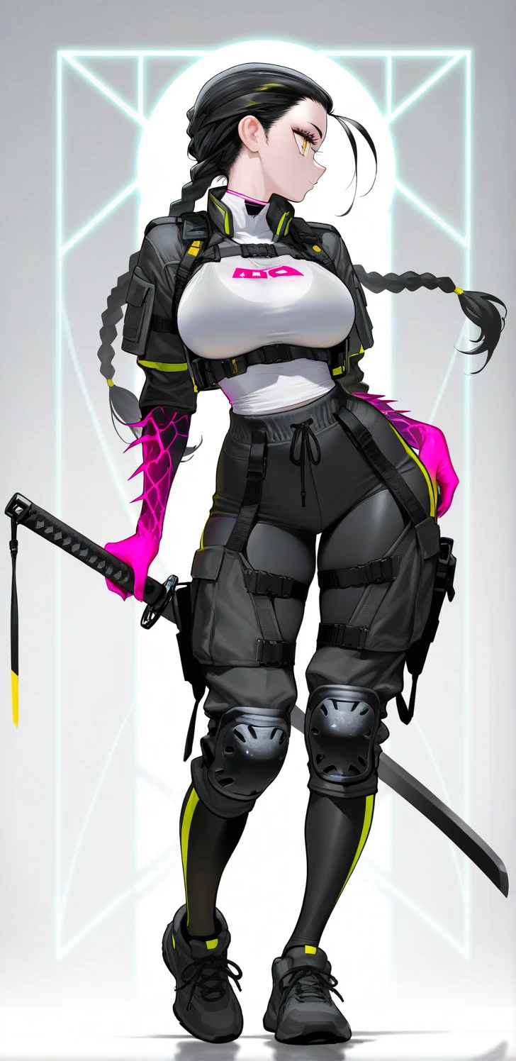 Grey, pink, white, purple, (long white hair woman), (full body shot), tattoos, muscular, big breasts, cleavage, sexy, erotic, (tactical techwear clothes:1.1), (tactical boots:1.1), abstract lines and circles background