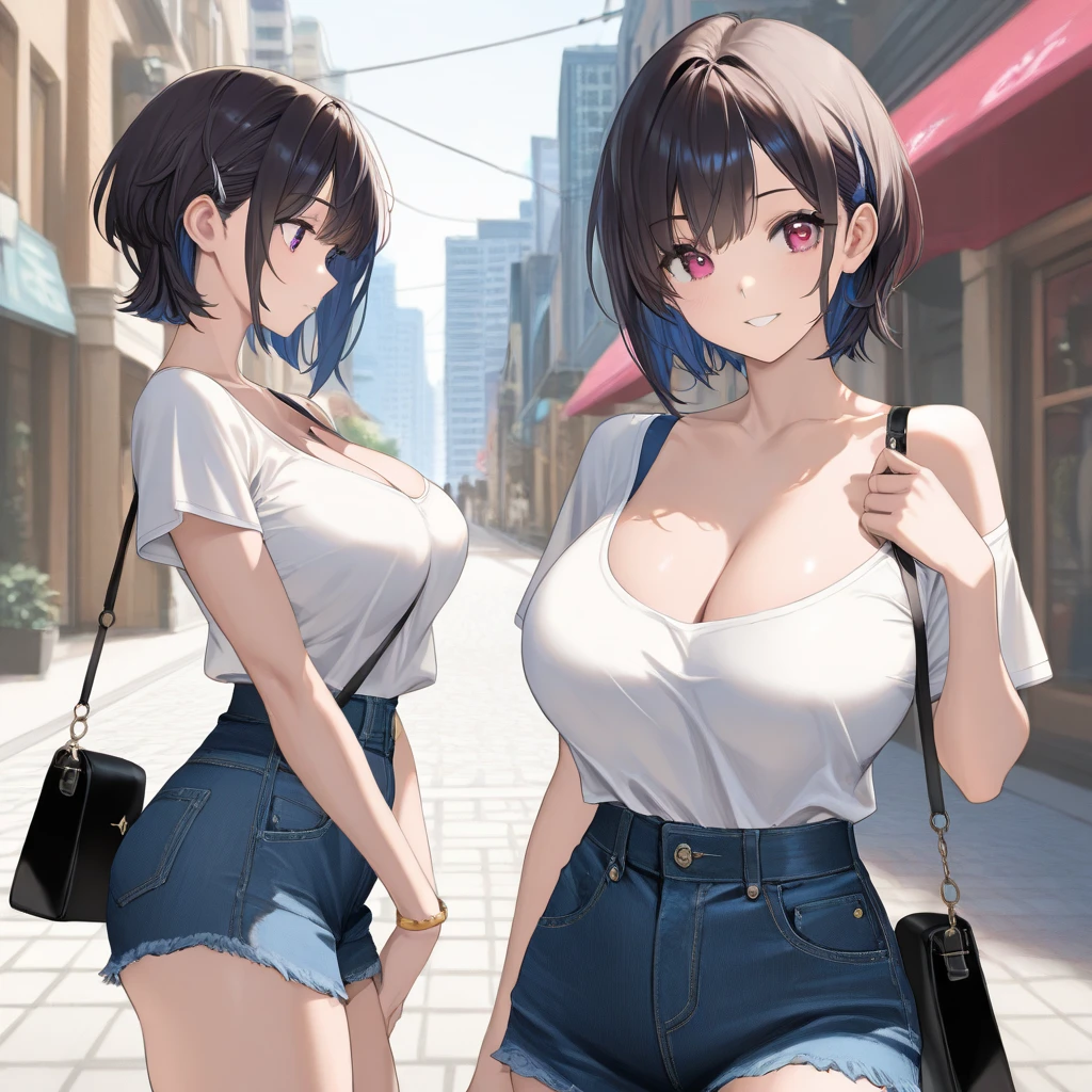 Date girlfriend eat ice cream smile casual clothes big breast short skirt cleavage short hair with bangs cute face happy