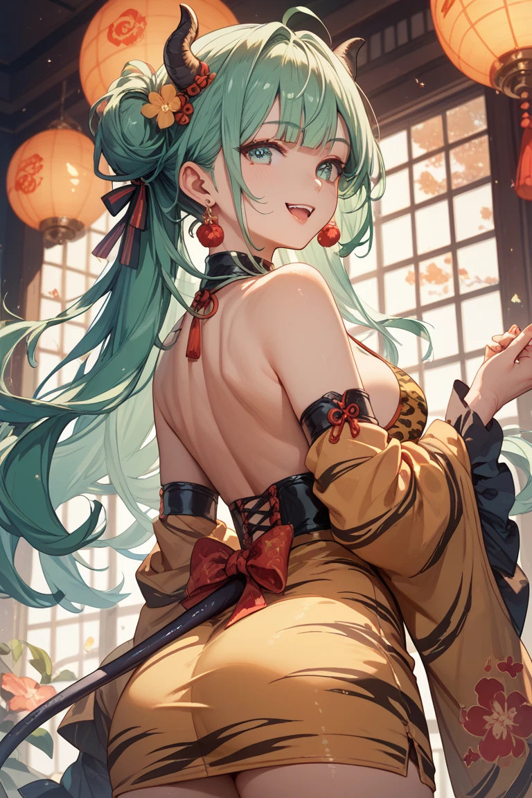 adult man, short green hair, high ponytail, blue eye color, cat ears, kimono, open shoulders, open breasts, Tatoo, Bow and arrow, A Serious Look, Masterpiece, hiquality