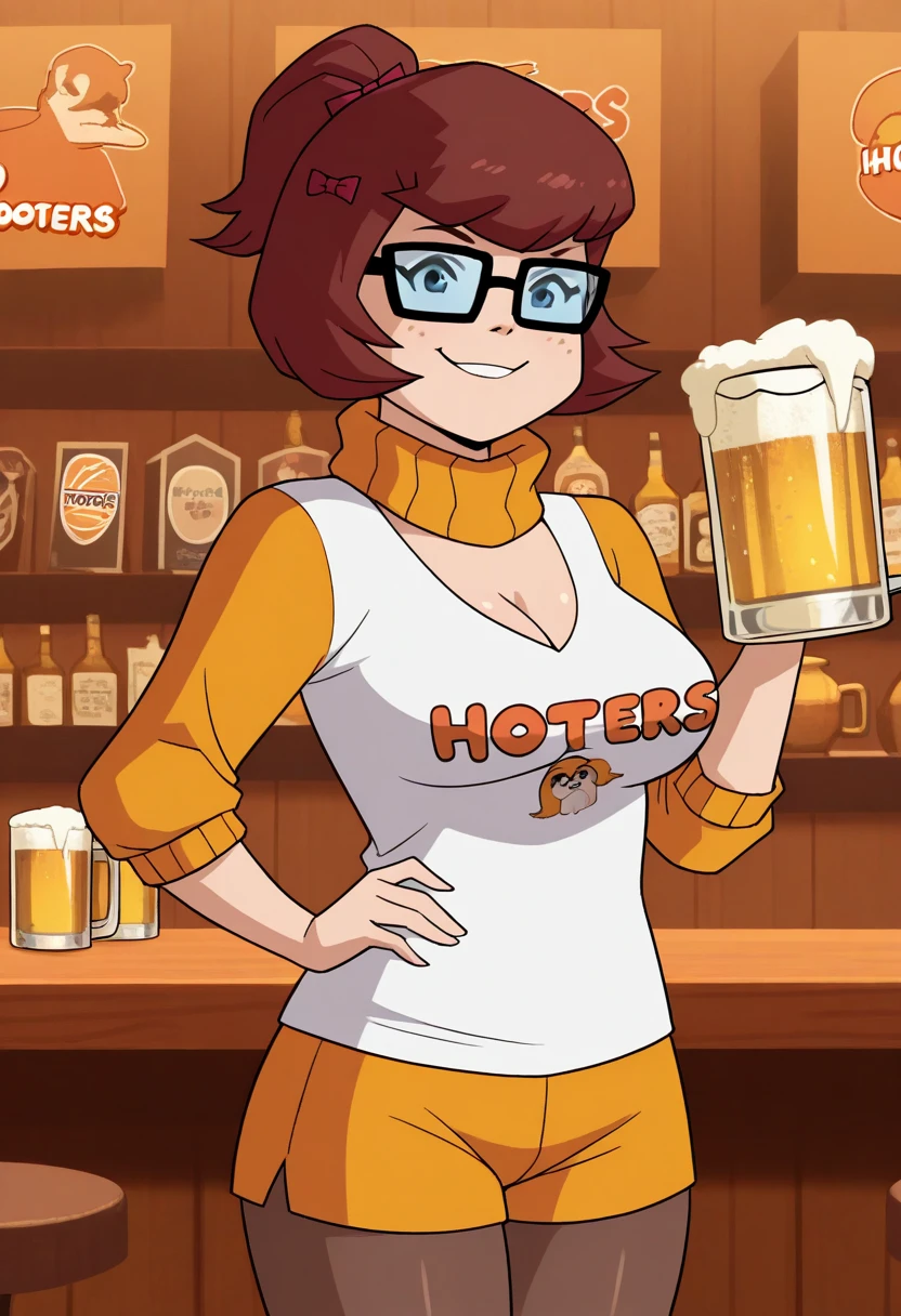 young Velma_Dinkley 18 years old wearing white long tanktop and (red shorts:1.2) and handing a pint, solo, glasses, brown eyes, short hair, (masterpiece:1.2),  high quality, restaurant, chest shot, photo shoot, 4k, detailed background,  <lora:HootersV1:1>, (Fibonacci:0.7),  playful, charming (smile:0.9), carrying, navel, crowded bar,  best quality, (detailed:1.4), (panties strap:1.3), detailed eyes, detailed iris, detailed pupils, large pupils, (form-fitting clothing:1.2), alluring, boobs, mischievous, pokies, seductive, hot, parted lips, smirk
