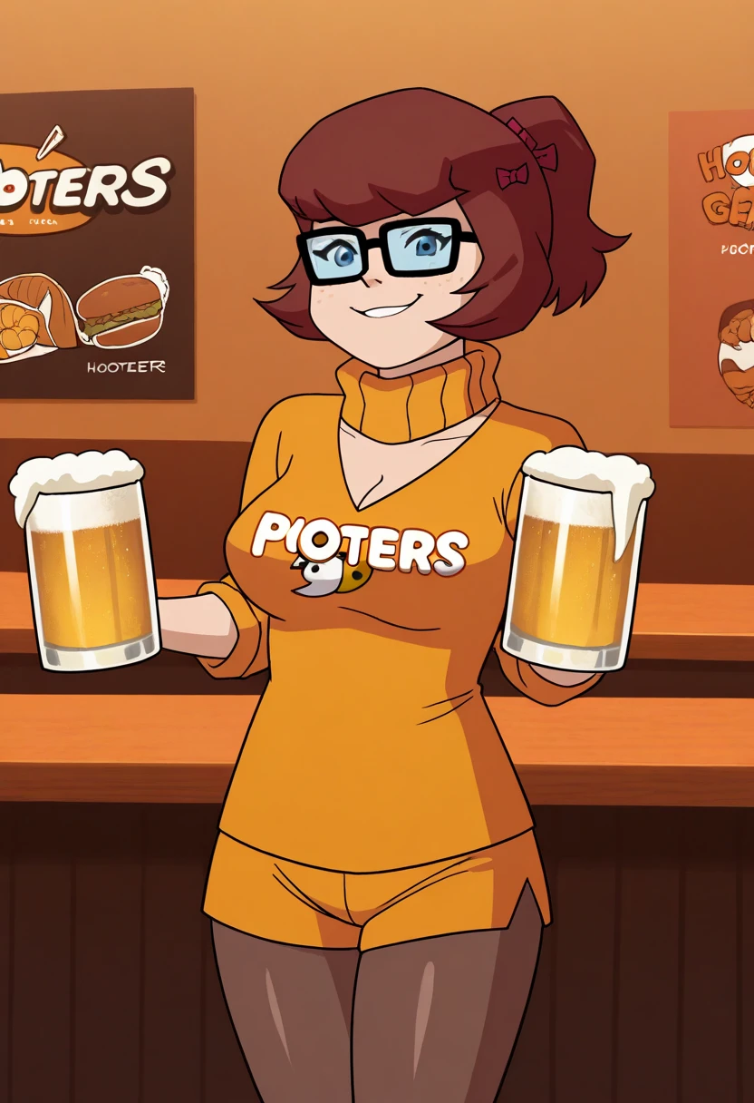 young Velma_Dinkley 18 years old wearing white long tanktop and (red shorts:1.2) and handing a pint, solo, glasses, brown eyes, short hair, (masterpiece:1.2), high quality, restaurant, chest shot, photo shoot, 4k, detailed background, <lora:HootersV1:1>, (Fibonacci:0.7), playful, charming (smile:0.9), carrying, navel, crowded bar, best quality, (detailed:1.4), (panties strap:1.3), detailed eyes, detailed iris, detailed pupils, large pupils, (form-fitting clothing:1.2), alluring, boobs, mischievous, pokies, seductive, hot, parted lips, smirk