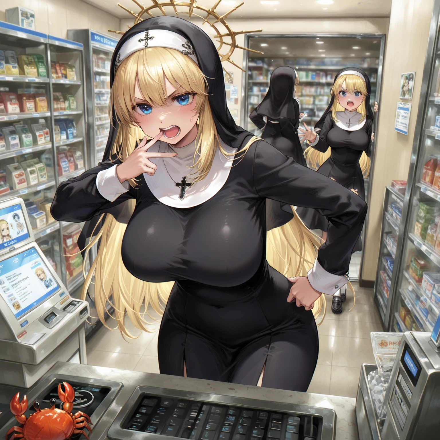 Office lady in stockings, photo quality, (((thighs hanging with used condoms, a whole bunch of open condoms, all on the floor, nun)))), all on the ground ((sweat flush,, bite the condom, holding the condom, after use condom hanging on the chest and leg strap)) at the door