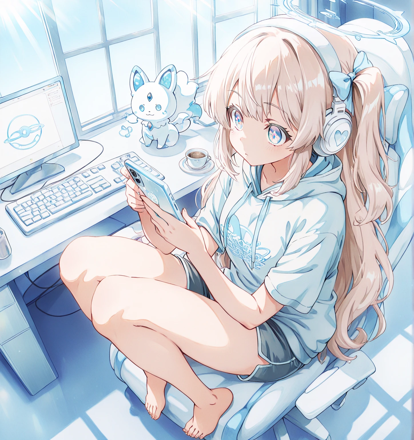 masterpiece, best quality,1girl, izumi sagiri, solo, long hair, bow, pink bow, pajamas, barefoot, stylus, hair bow, looking at viewer, grey hair, open mouth, lying, headset, drawing tablet, blush, blue eyes, on side, thighs, bangs, pink shorts, holding, bare legs, shorts, off shoulder