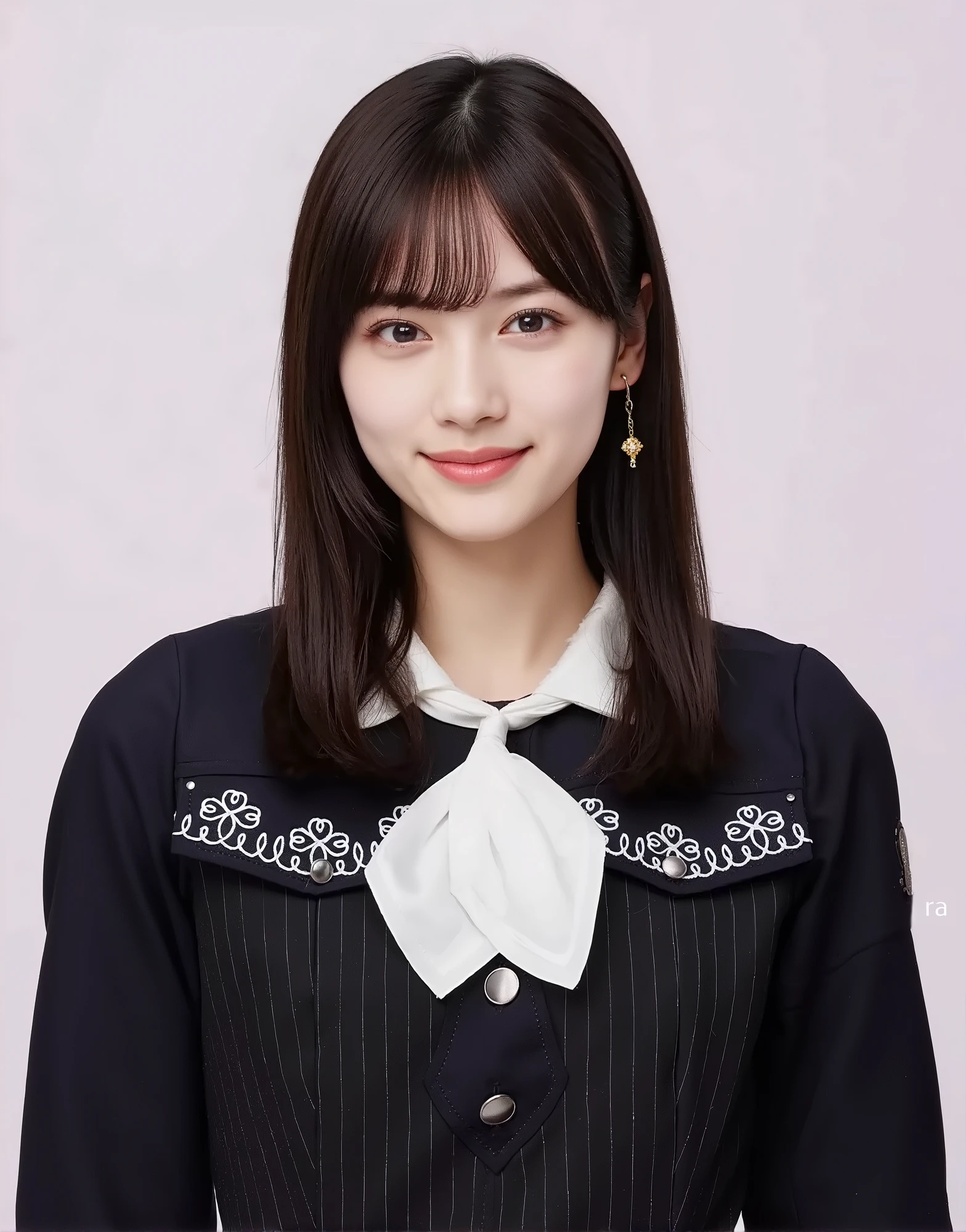  The image depicts a long young woman, straight brown hair that falls nicely on the shoulders. She's wearing a dark navy blue blouse with intricate white embroidery on the top, Adding elegance. embroidery The design consists of a floral pattern and a linear pattern、and makes the neckline look beautiful。. with a white scarf wrapped neatly around her neck, contrasts with the deep color of the top、sophisticated look. the blouse has 2 additional metal buttons on the front. Her ears are small , delicate gold earrings , creates a subtle sophisticated vibe. The background is pale, plain lavender, creates a soft contrast that accentuates the subject's outfit.  lighting is uniform and bright , Vivid, and enhances the.