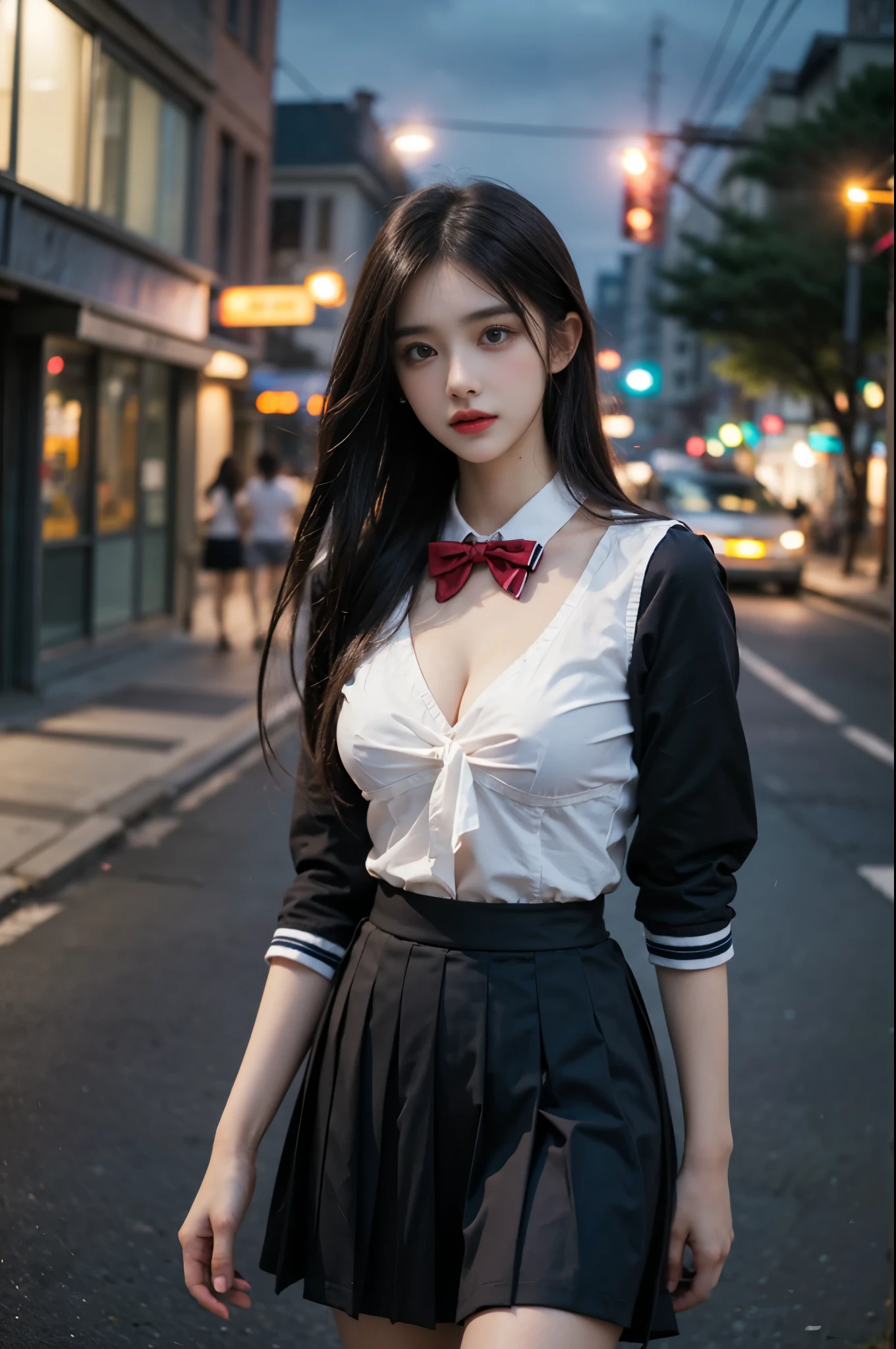 ((best qualtiy,8K,tmasterpiece:1.3)),Super cute beautiful woman,1个Giant Breast Girl,(Beautiful udder:1.3),(Abs,slim toned body:1.1),tack sharp focus,(((Complicated details)),high detal,The upper part of the body,one-girl,Black straight hair with bangs,Japanese schoolgirl uniform,White collard shirt,Red blazer,White pleated skirt,Knee-length skirt,8K,8K分辨率,Clean and meticulous face,Detailed body,Detailed clothes, Sharp Images, Japanese anime concept art, The trend is in Pixiv, looking at viewert, face to the viewer, Seductive Model Pose, seduct smile, pink lipstick, bokeh, field of depth, 8 life size, 8k解像度, Upper body image, Shot on the EOS 5D Mark IV, 35mm lens, f1.8, From the front side, Parisian café background at night,low chest