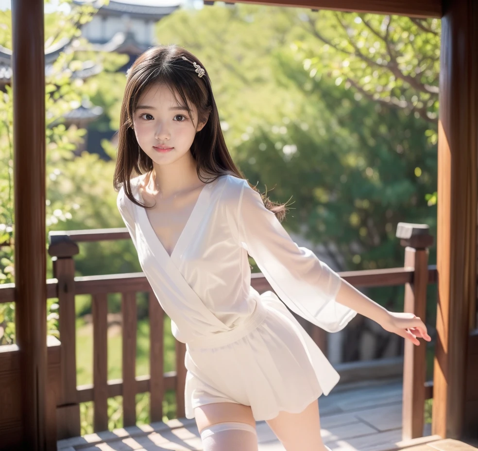 Japanese female, a lot of details, (underweight), 30 years old, detailed black hair, beautiful detailed hair, super fucking beautiful, delicate beautiful face, complex details beautiful and delicate eyes, perfect hands, (flat chest best quality:1.5), perfect and delicate limbs, detailed skin, best quality, ultra-detailed,(cheerful grin:1.5),
sky, (ancient castle:1.1), cloud texture, (sitting:1.2), semi long, (see through robe:1.2), in the clouds, full body shot, from front, ground-level shot, sunbeam