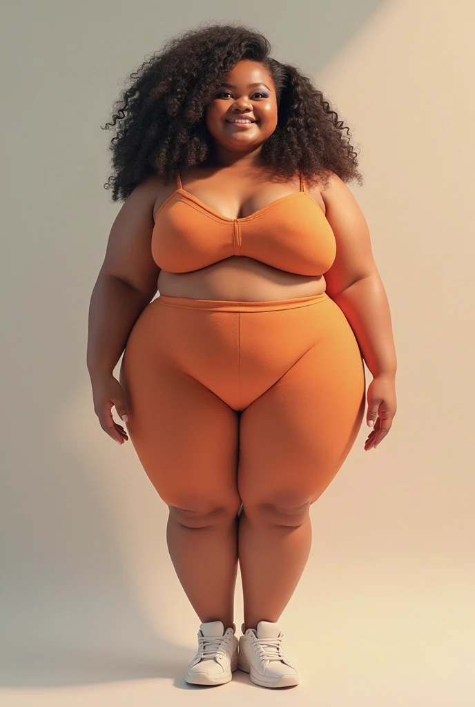 A fat black woman with curly hair wearing short clothes 