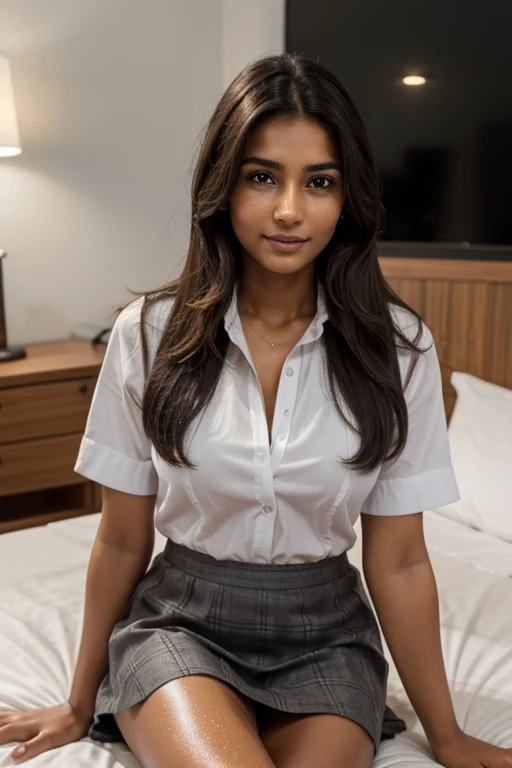 photo , dark brown hair , brown skin , indian , long hair , clear facial features ,, very detailed , 23years old , innocent face , natural wavy hair , high resolution , masterpiece , best quality , intricate details , highly detailed , sharp focus , detailed skin , realistic skin texture , texture , detailed eyes , professional , 4k ,, smile , shot on Canon , 85mm , shallow depth of field , kodak vision color , perfect fit body ,, dripping with sweat , extremely sweaty girl , Balck school bag on bed , white sleeved shirt uniform and grey and black checked short skirt, (hot , shiny oiled skin)) makeup , having a coffee , , look at camera ,, in a hotel room ,sitting bed, open shirt, show white boobs, shirt unbuttoned , cleavage. mouth gaga, mouth covered,