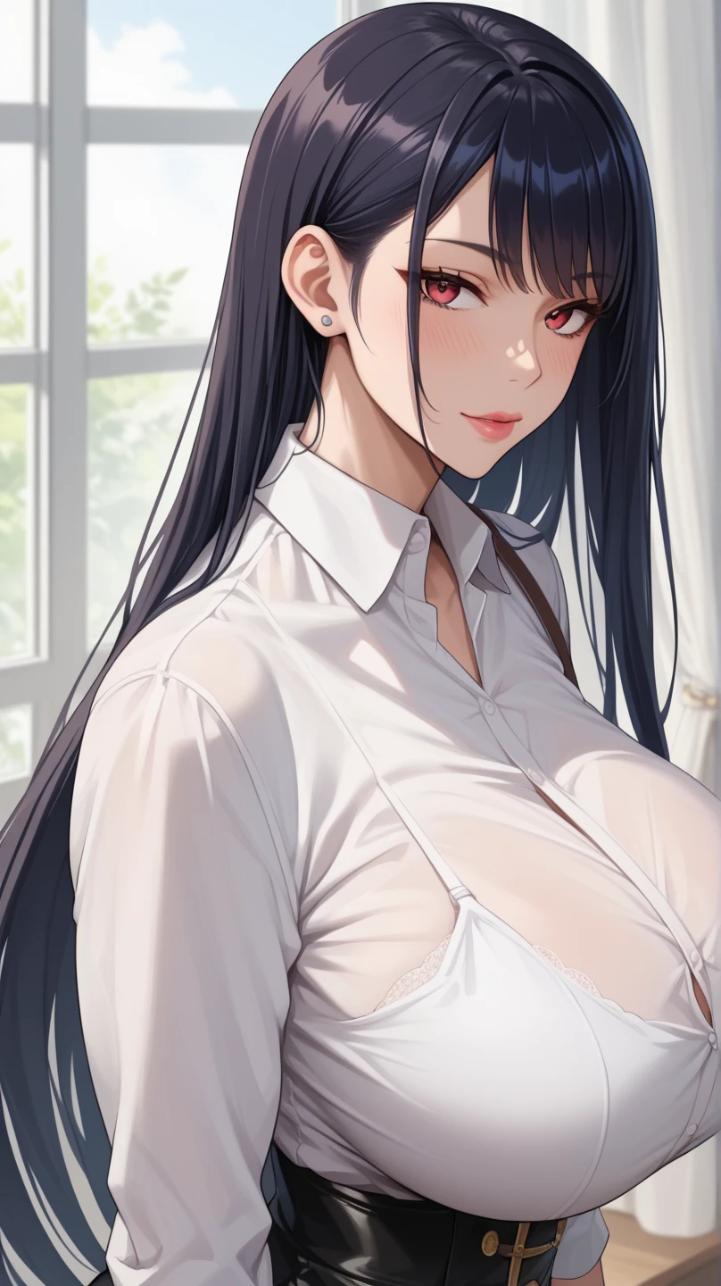 Anime girl with black hair and white shirt smokes a cigarette.., an anime drawing by Yang J, pixiv, Contextual art, attractive anime girl, seductive anime girl, beautiful alluring anime woman, digital anime illustration, Full set of clothes. sexy drawing, realistic anime artstyle, Beautiful Anime Women, Detailed Digital Anime Art, Realistic art style, realistic anime 3 d style, Blood on clothes, Blood, dim lighting,Blood on face, dark, fire, Scary, Scary, Scary, Scary, blinking fire, Blood, horror, dim lighting