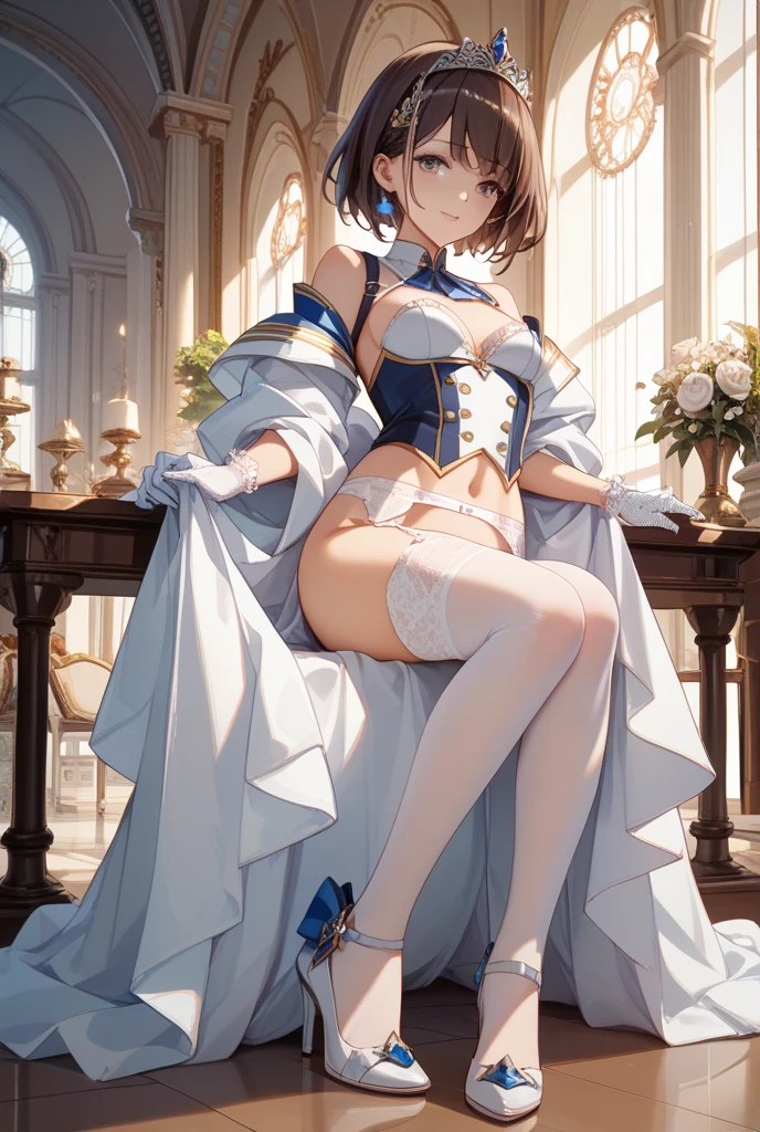 ((( open shoulder))),nsfw,,
cleavage,sitting,
barefoot, blash, upper body,
1girl, solo, resunasts, blue eyes, brown hair, hair ornament, collarbone, , , short hair, bangs, medium breasts,,