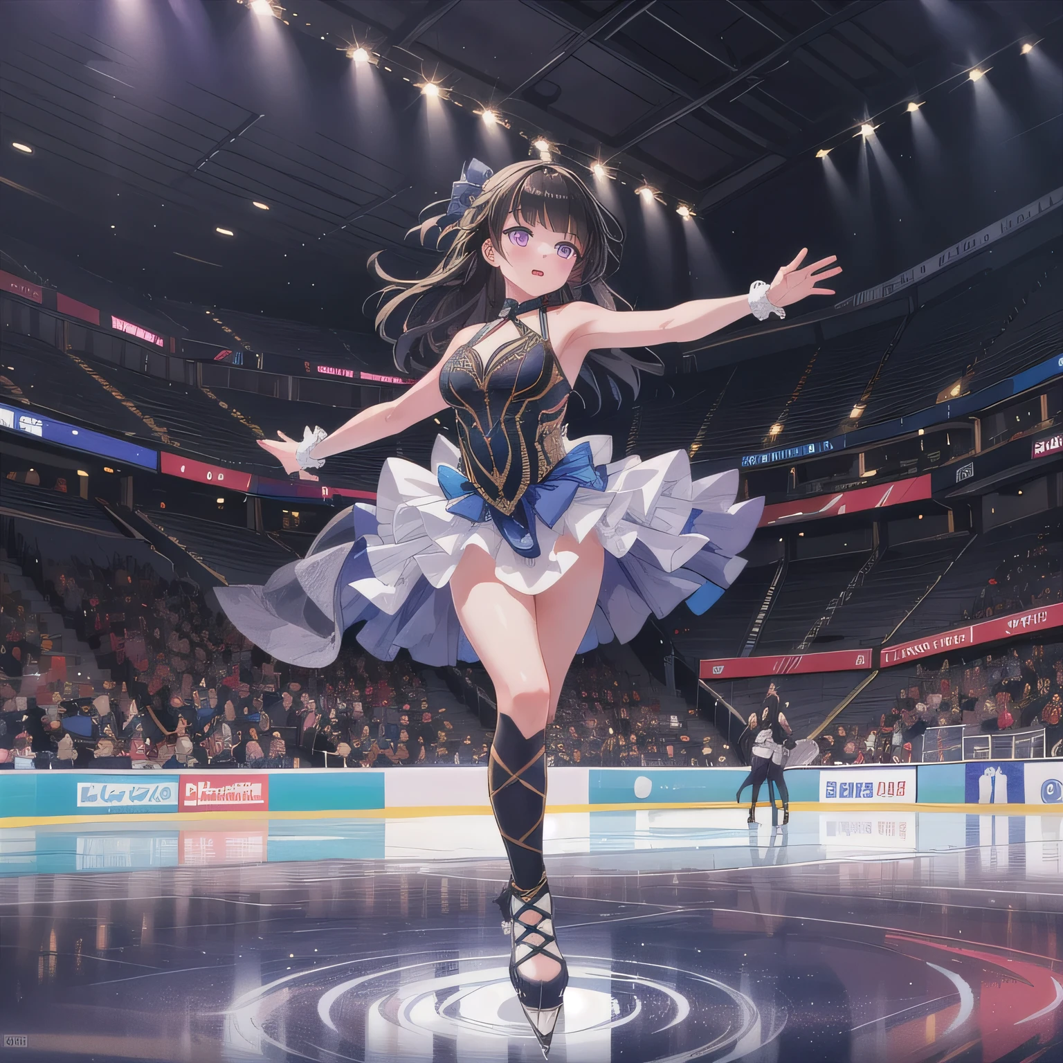 A breathtakingly beautiful 20-year-old woman glides dynamically across the ice rink, dressed in an exquisitely detailed and elegant figure skating costume. Her graceful movements exude both power and finesse as she carves intricate patterns into the ice. The soft arena lighting casts a gentle glow, highlighting the shimmering fabric of her outfit and the fluidity of her performance, creating a mesmerizing scene of beauty and athleticism. dark hair, long hair, purple eyes.