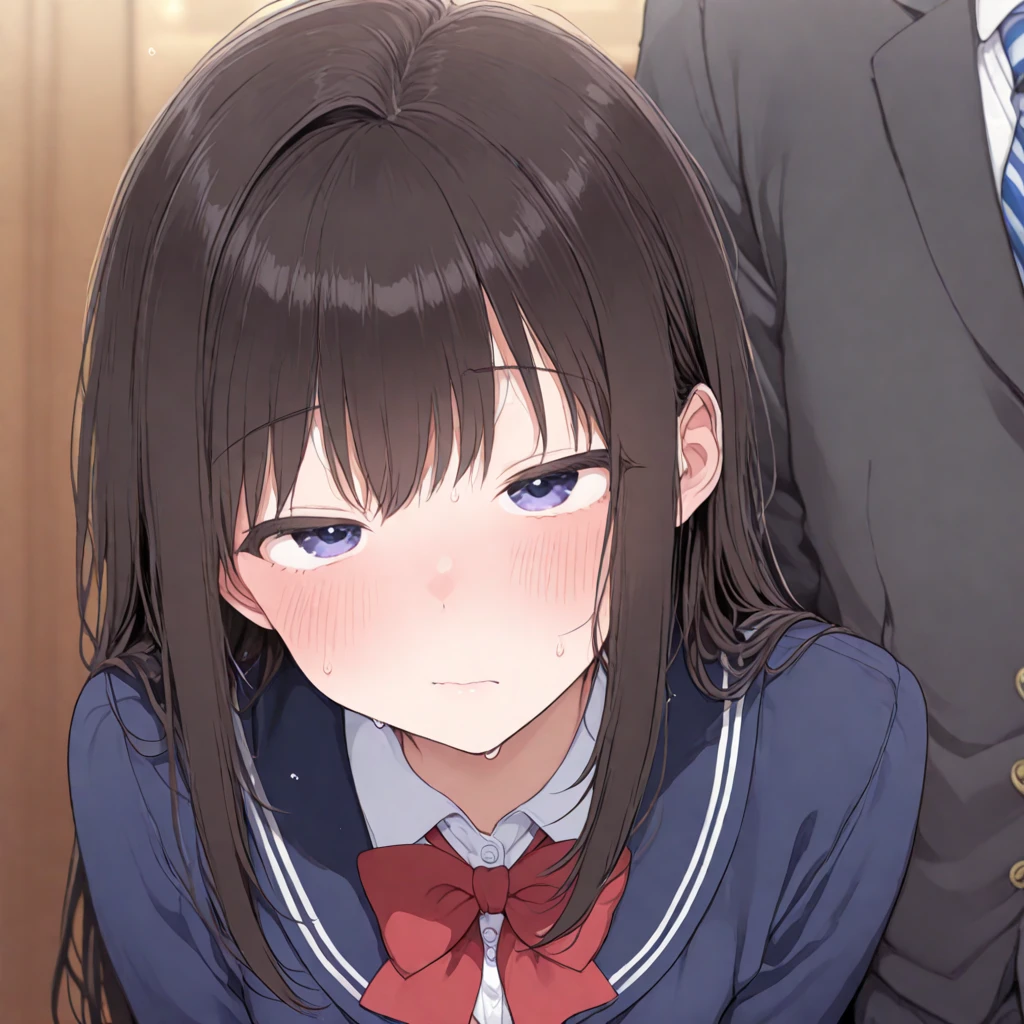 One Woman、One Man、beautiful girl、after school、evening、high school girl、School Nameplate、Blazer uniform、Pleated skirt、Black knee-high socks、Long Hair、In front of the school gate、Highest quality,  Thick thighs、Big 、White panties、Black Hair、Pounding face、A crowd going home from school、In front of the school gateで待つ仕草、A handsome man walks in from the back.、Lean your back against the wall、Holding his chest with both hands、Handsome guy puts his hand on girl&#39;s shoulder