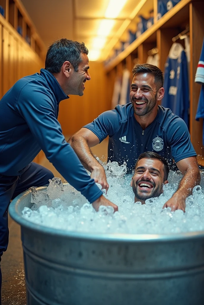 soaked twenty year old men wearing wet football jerseys with soaked hair wearing soaked uniforms. several hockey players in briefs pour buckets of water over them. Wet shirts. Wetlook. Sensual. Kissing. Homosexual. Wet clothes. Wetlook.
