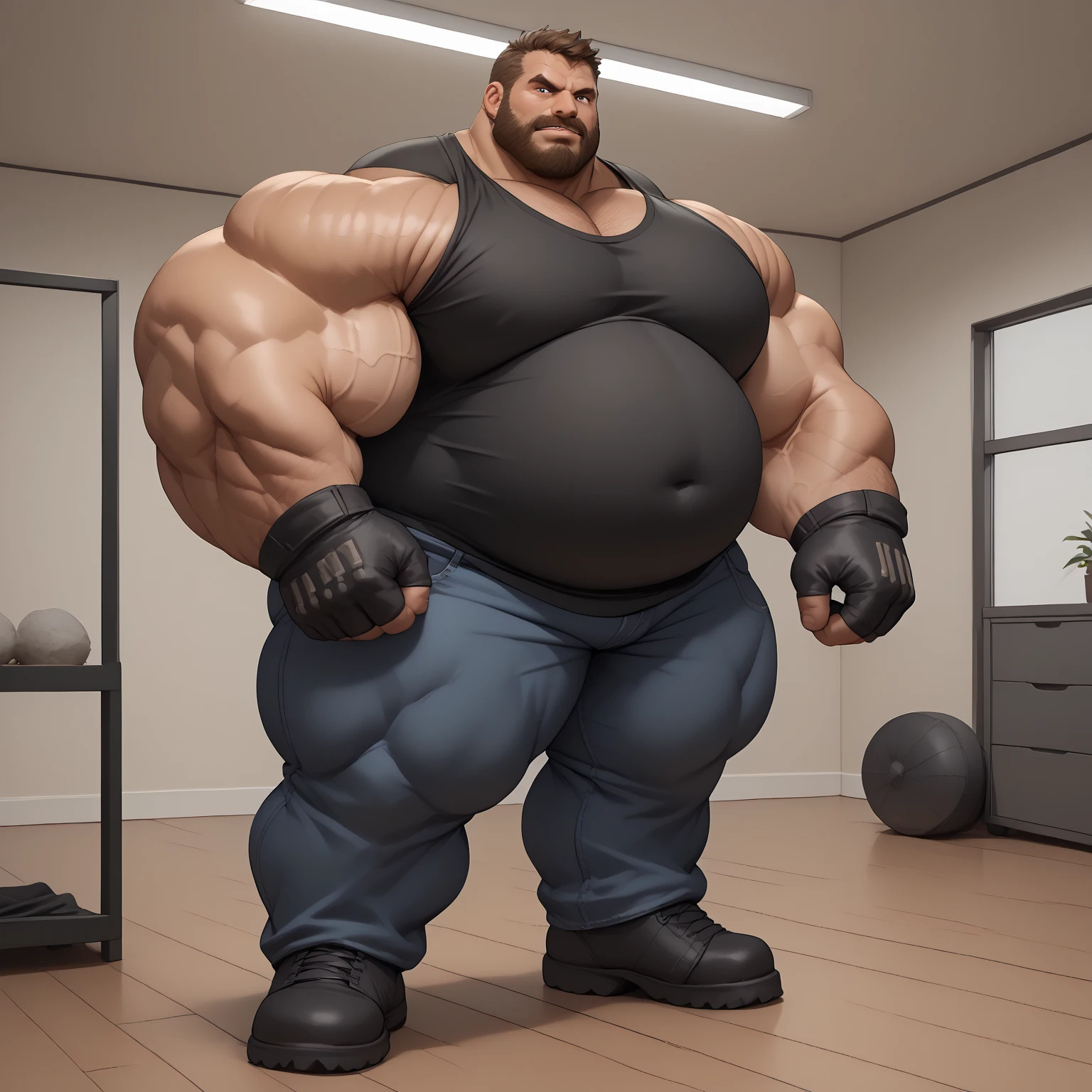 There is only one person in the picture,a chinese bodybuilder,35 years old,High, Strong and handsome,standing in front of gray background board,Paired with glossy black leather bow tie,short hair, O-shaped beard,Perfect body, Dark and shiny complexion,Muscle bulge, muscular, Very big pecs,Very sexy abs,Leg muscles are very developed,High and burly,Huge bumpy area,Brighten oily skin,Black leather shiny leather gloves, Wearing a gold leather shiny thong, Wear black leather shoes to shine,handsome face,detailed facial features, Correct and accurate male anatomy, full-body shot, Large pecs, Wet oil wax gloss for oily muscles and skin,Professional photography。