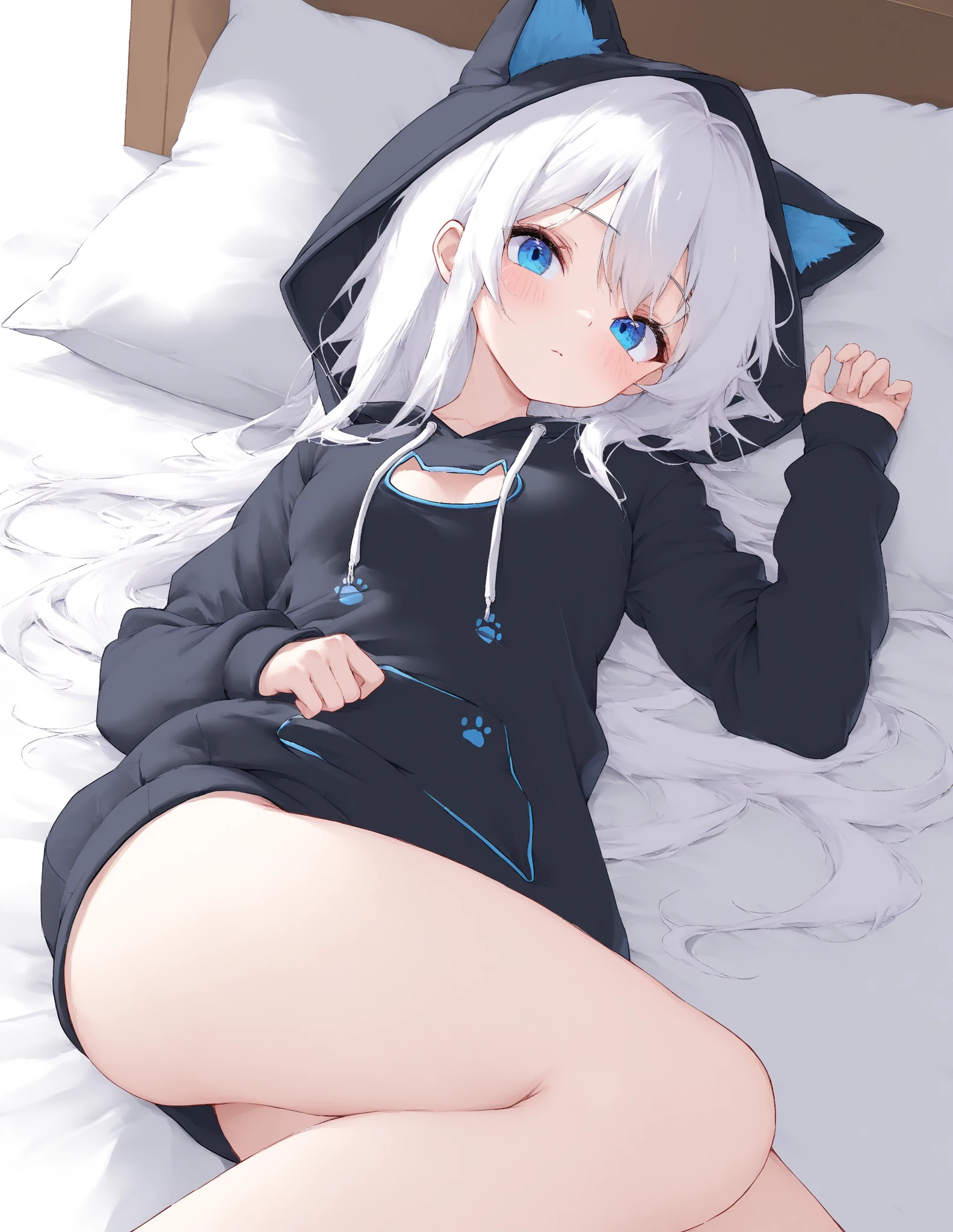 masterpiece, best quality,  <lora:shirakami_fubuki_9_outfits:1> fubukirelax, sidelocks, black t-shirt, black hairband, no pants, black jacket, open jacket, bedroom, looking at viewer, sitting, pointing at viewer, furrowed brow, blushing, :o
