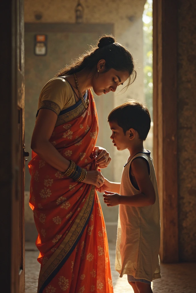 Indian women wearing saree teaching a kid
