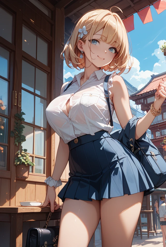 1girl, solo, summer, village, trees, sun, clouds, chestnut hair, side ponytail, large breasts, ((popping shirt buttons)), button down, unbuttoning buttons, dark blue eyes, ((dark blue shirt)), ((unbuttoned shirt)), ((short sleeved shirt)), cleavage 1:3, black skirt, brown shoes, grin, looking at the viewer, standing, hair ribbon, golden necklate
