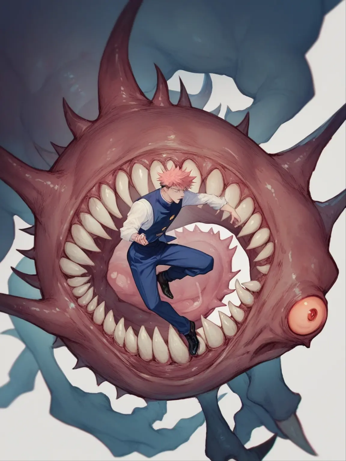 A 22-year-old young man with red hair and red eyes，Wearing a red coat and white T-shirt，Black pants and boots，There are tentacles on the back
