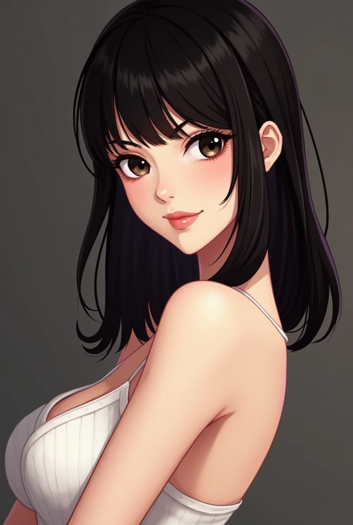 an animated illustration of asian woman's hair blowing in wind, hands on hips, 1girl, solo, breasts, armpits, cleavage, white background, choker, black hair, dress, large breasts, simple background