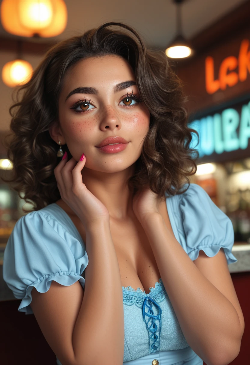 1Woman in a 50s style dress, complete with a poodle skirt and petticoat, her hair is styled in classic curlers. She should be sitting in an old-fashioned diner, surrounded by vintage details like a jukebox, sun rays and neon signs. Your eyes should sparkle with excitement, Her skin flawless and glowing under the soft, dramatic lighting. This scene should be captured on 35mm film, with a nice depth of field and a slightly blurred, nostalgic background, (35% brazilian, 45% italian, 20% indian) woman, plump woman, natural expression, soft blueish lighting, Film, she is sexy and sensual. black eyebrows, Ultra-high-definition (UHD), 8K photorealistic professional portrait with hyper-detailed skin texture. Every pore, fine line, and natural imperfection is visible—moles, freckles, subtle stretch marks, fine body hair, and slight blackheads—enhancing realism. The skin appears damp, with a dewy sheen, as rivulets of water trickle down the face and body, glistening under the light. Droplets cling naturally to the smooth yet textured skin, emphasizing moisture and depth. Blurred background and foreground (1.8 intensity) isolate the subject, heightening the immersion. The combination of skin moisture, detailed facial features, and trickling water creates an incredibly lifelike, high-quality masterpiece. Shot with a full-frame DSLR, 85mm f/1.8 lens, ultra-detailed clarity, sharp focus, breathtaking realism.