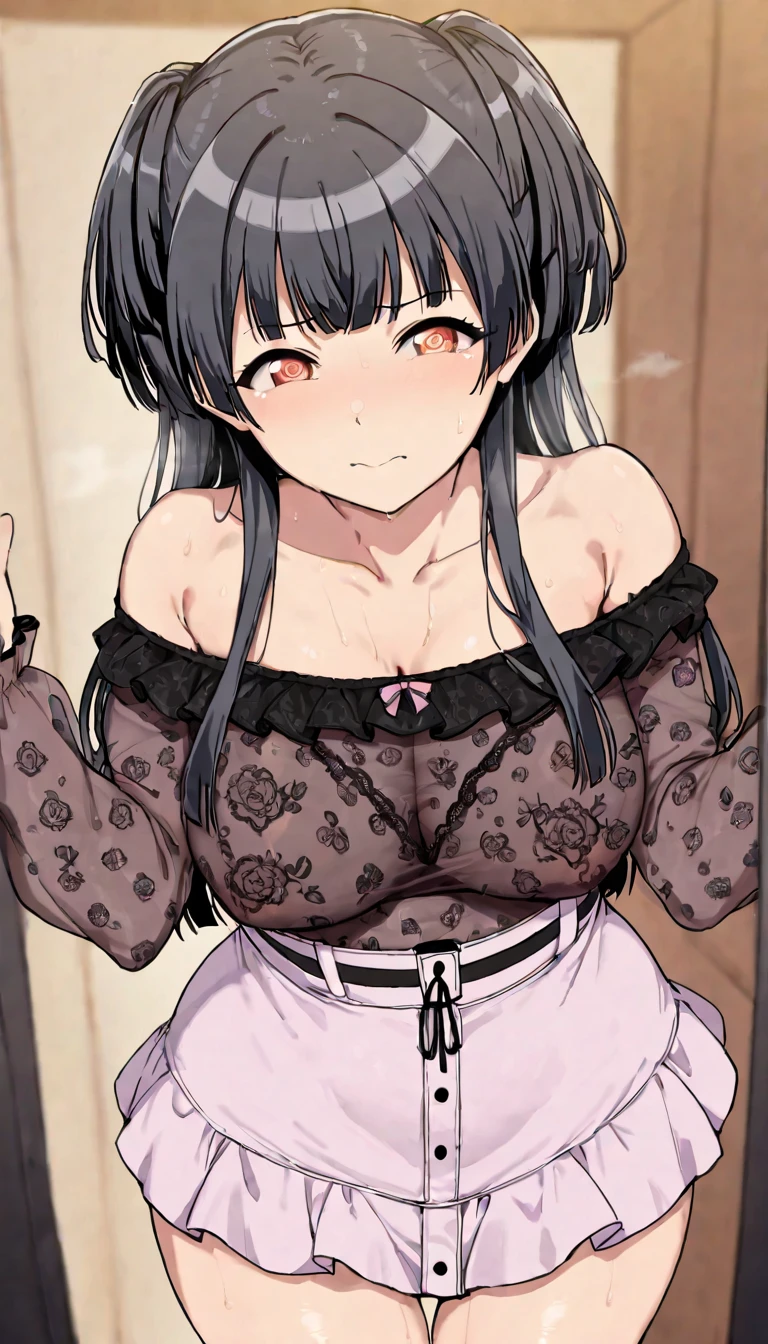 Yandere、JK、E Cup、Height: 154cm、Black Hair、Dark personality、Fair skin、clear、middle shot