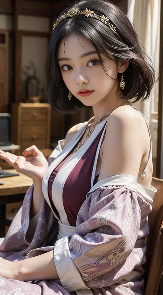 ((masterpiece)), ((best quality)), (ultra-detailed), ((kawaii)), cute, (lovely), ((sexy)), (ero), ((extremely detailed)), 4K, (8K), best quality, (beautiful), realistic, real, Japanese-style room, a cute girl, 1girl, solo, kimono, japanese cloth, beautiful white hair, ((beautiful eyes)), short hair, smile, flame effect, shiny-glistening, gleaming