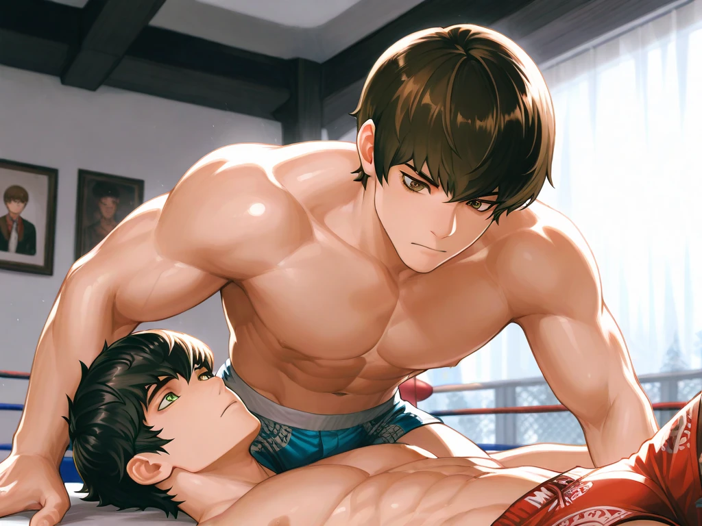 (masterpiece,best quality,8k,ultra-detailed:1.3),(((two men having sex))),muscular,handsome,nsfw,nude,full naked,shiny body,tna skin,ahegao,sweat,on bed,big penis,no body hair,excessive cum