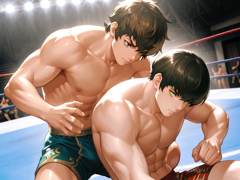 Ash Ketchum and from Pokémon and his long-lost twin brother flexing their biceps under hypnosis with glowing red eyes as they grow into big dumb sweaty hairy muscular football jock bros in a locker room. Hyper muscles. Massive muscles. Big biceps. Big triceps. Big traps. Broad shoulders. Big pecs. Bulging crotch. Hyper crotch bulge. Dumber and dumber. Blank stare with open mouth while saying, "I am a dumb jock.... I obey.... Dumber and dumber.... Hairier and hairier.... Yes, Coach.... Huhuhuhuh...." Slumped shoulders. Hypnosis. Brainwashing. Bigger and dumber jock bros. Assimilation. Transformation into big dumb muscular jock bros. Slumped shoulders. Massive crotch bulge. Bulging glutes. Thick stubble. Hairy armpits. Repeating triggers to be dumber and dumber each time they say them to think and focus only on growing muscle and being the perfect football jocks. Hairy brutes. Crass.