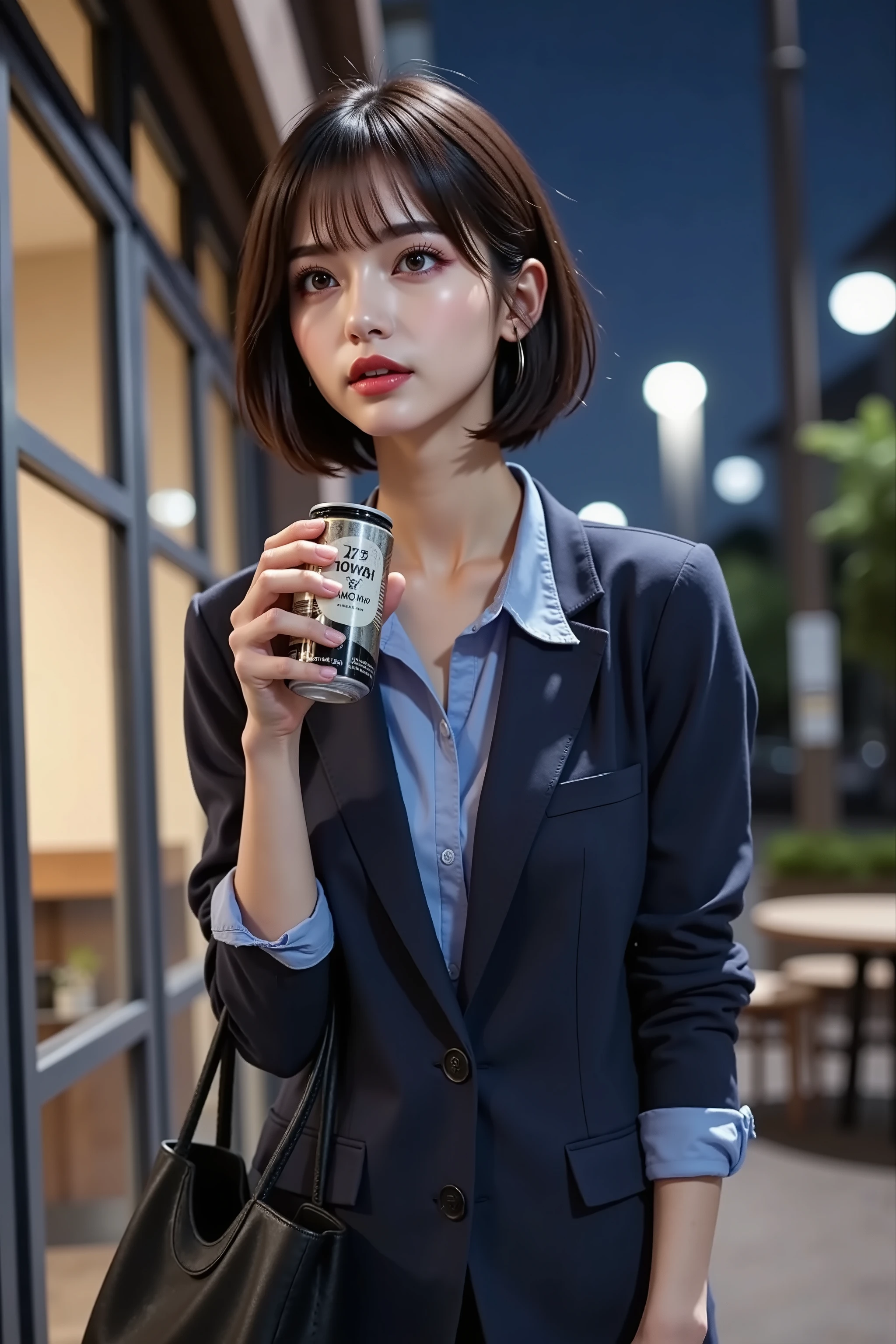 ((Taken diagonally from below 2.0)),near the front entrance of a convenience store late at night,((1 woman drinking coffee while standing can)),1 woman drinking canned coffee, blue collared shirt, navy blue suit jacket(( arm roll up)), Short Hair, working on a computer with slender eyes, Foxy face, Taking a break, relieved expression, You can see the starry sky,(( looking up at the sky)), black tote bag