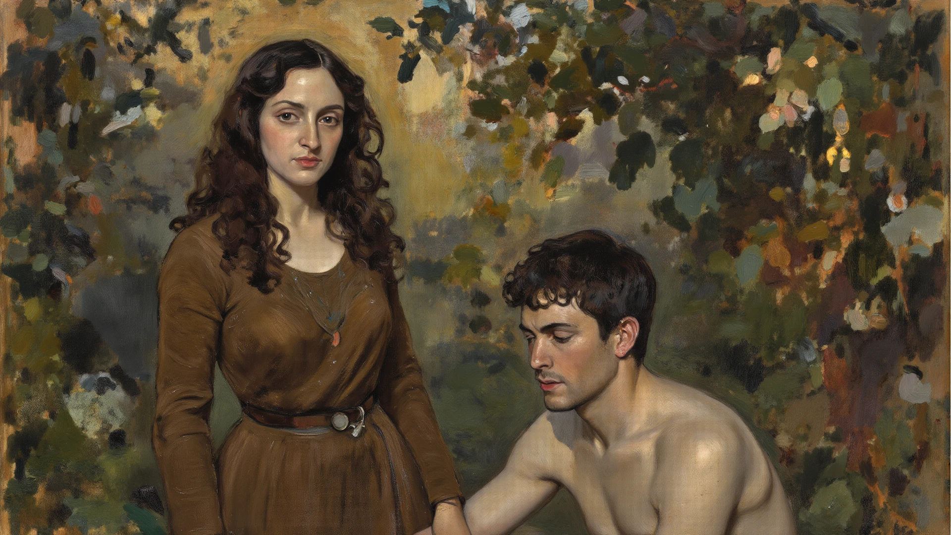 In the Rembrandt style、Adam and Eve(Primitive and wild)The background is dusk、Fireworks are shining in the distance。