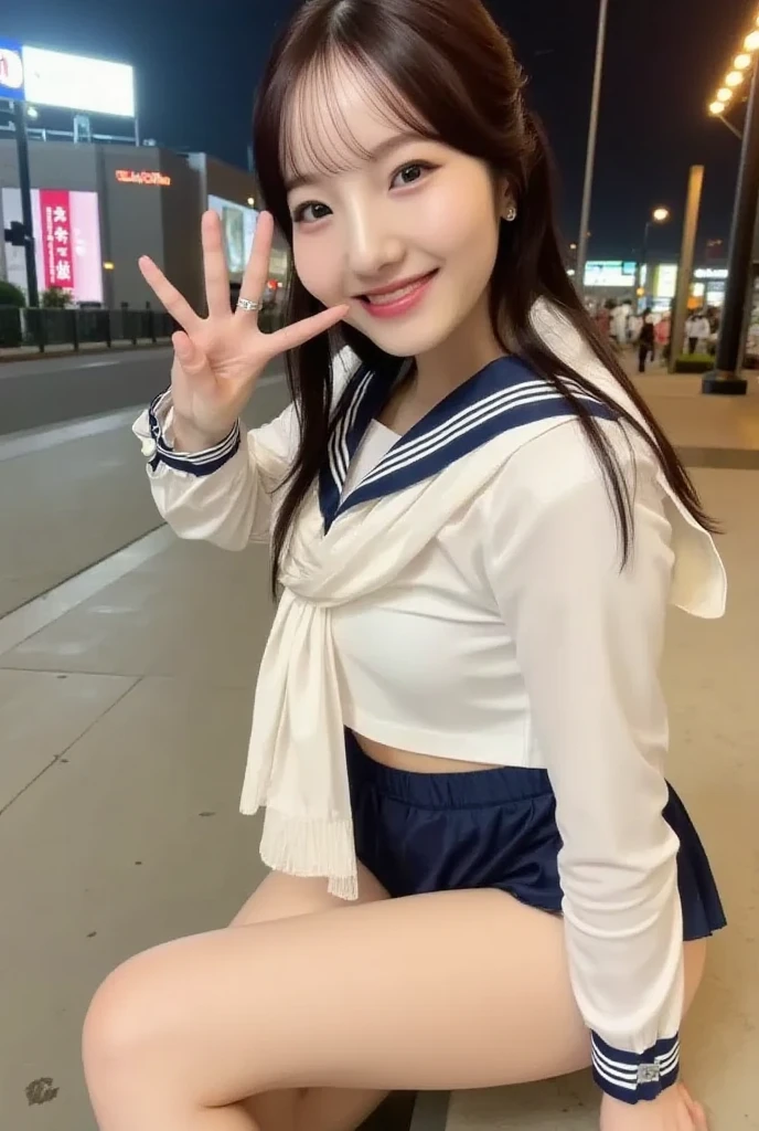 (Browsing Caution),masterpiece,Super detailed,Sharp focus,4K Digital Art,High resolution,(Double Peace,peace sign,V sign with both hands:1.5),(Suffering and blush:1.5),Bukkake,(Adult beautiful face,Curvy Women),(Face Focus:1.2),Navy Blazer,Pleated skirt,bow tie,(Black Hair,Medium Straight Hair),tongue,In public parks,night,Outdoor,night light,(Sweaty:1.2),Grin,Apply to face,(trembling,Flying heart shapes),(Squat down and spread your legs),Open your mouth,pubic hair