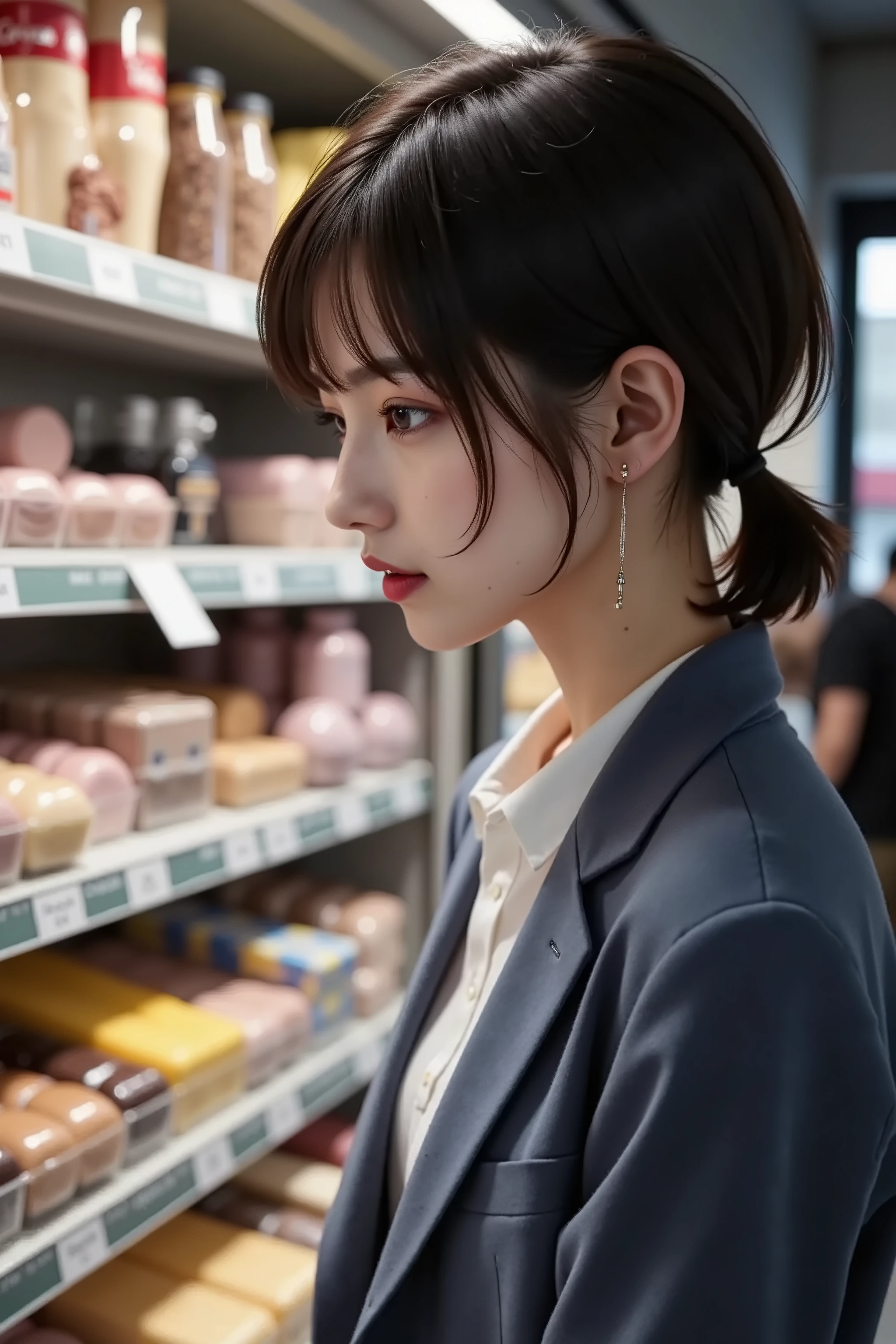 ((Side shot 2.0))After work, in front of the sweets section at a convenience store late at night, staring closely at sweets, wondering whether to buy,