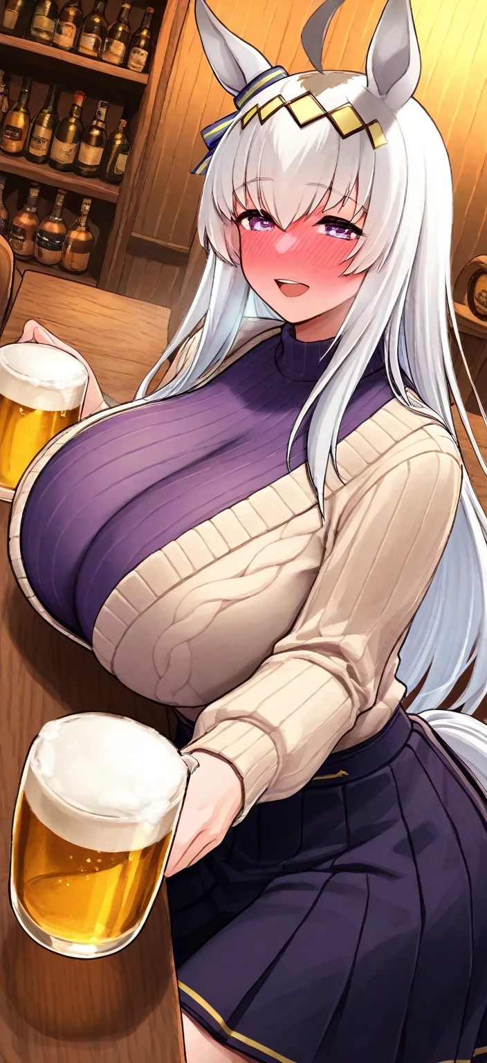 Very detailed、Highest quality、Best image quality、masterpiece、(Super Fine)、8k、(shoulder-length blonde hair:1.5、Medium Long Hair)、(smile、Open Mouth) 、(Hilarious)、(Big eyes)、(Beautiful and shining eyes)、(Detailed anime eyes)、(Puffy eyes)、(Big Breasts、topless、only breasts are in full view 、bare breasts、bare nipples、 thick nipples、erection of nipple、pepperoni nipple、necklace)、((SFW Huge Body:1.5))、(White highleg panties、Waist belt)、(drinking beer)