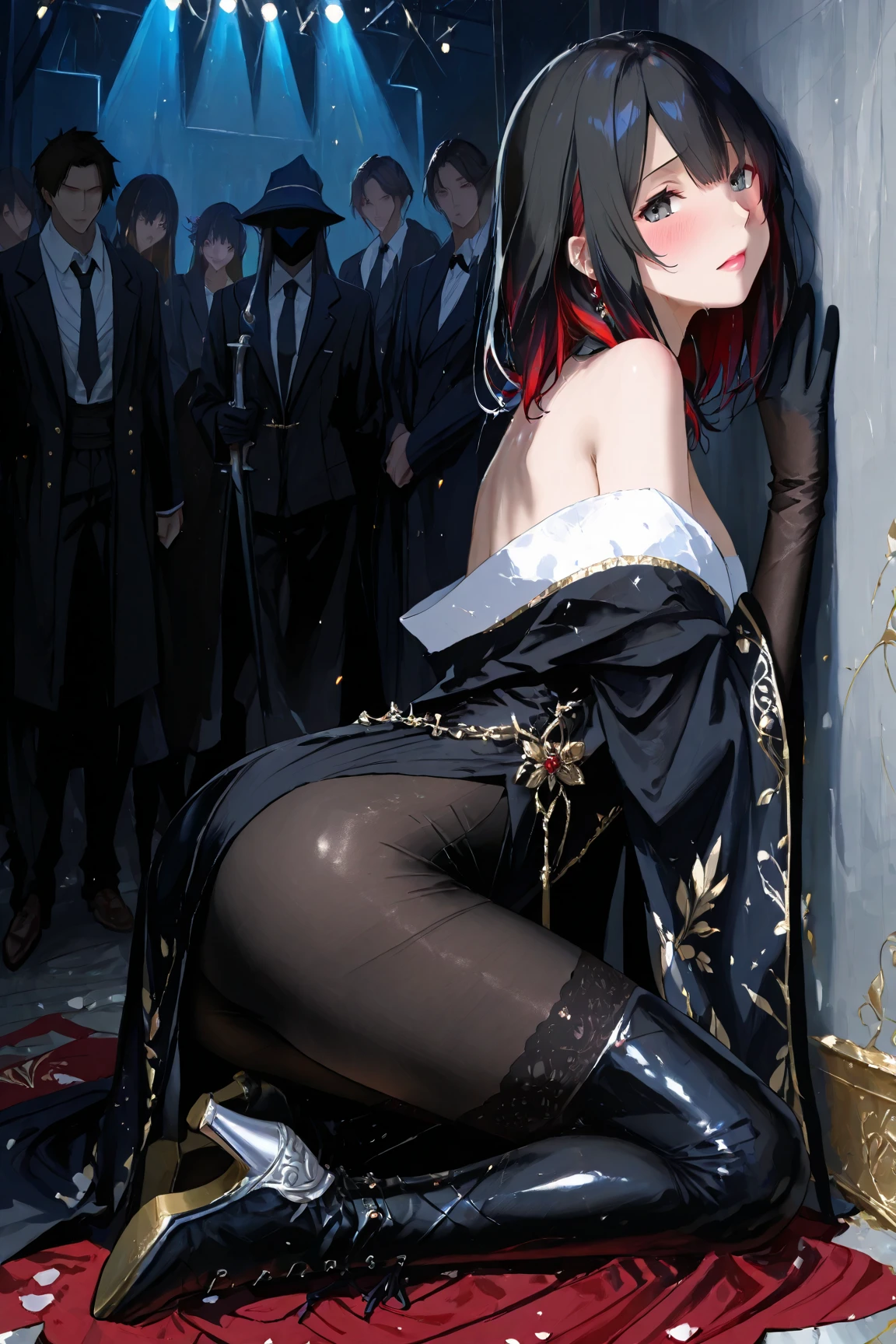 masterpiece, 最high quality, High resolution, Final Fantasy 7、Tifa Lockhart、Black torn clothes 、Black ripped pantyhose、Dark church at night、sexy、Wearing a mini skirt、Thin legs、Big Breasts、Slim figure、high quality CG Tone、Torn black panties、Defeat scene、Losing to a woman、Lie face down on the floor、Surrounded by women、Tattered、Wriggle your body、Clear fluid coming from the genitals、Black Hair、A vibrator can be attached to the genitals、Black blindfold