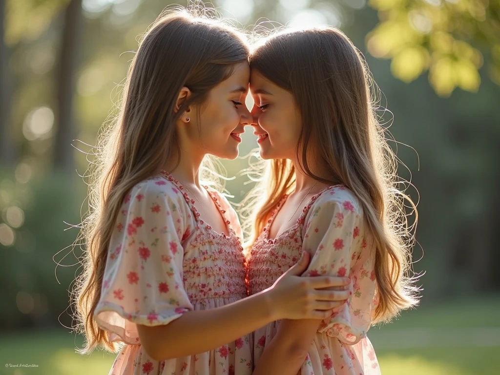 Two girls (13 years old), , identical, clones, kissing