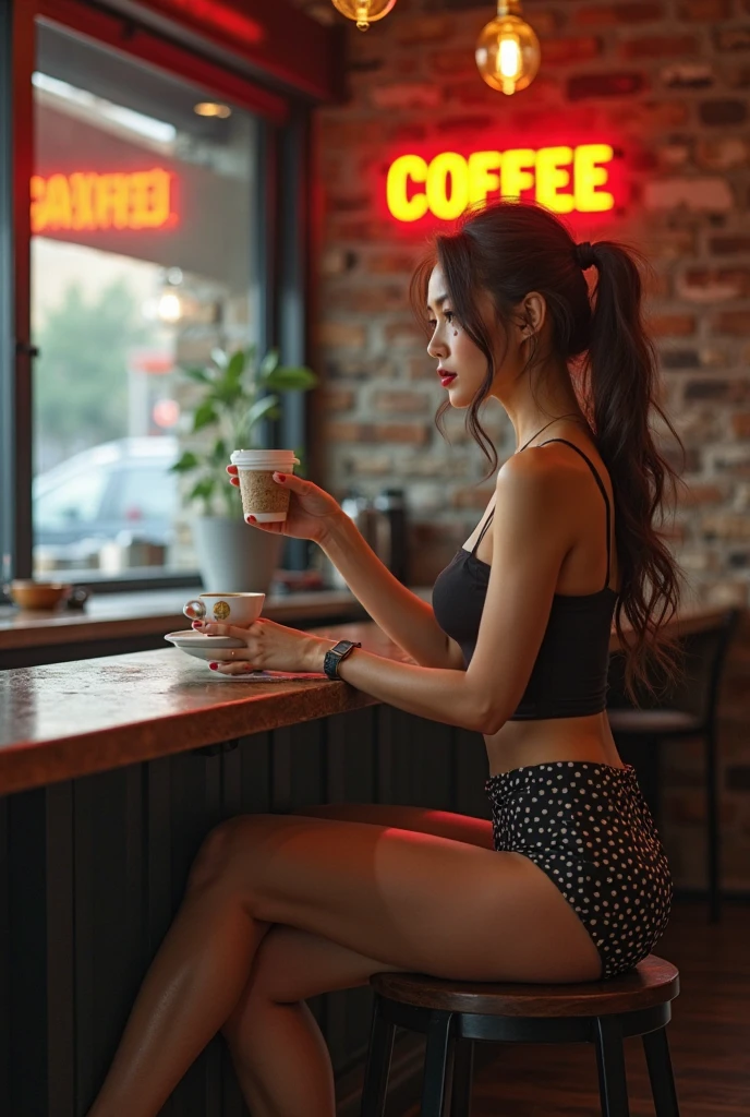 generate a master photograph describing a shapely Woman, a cozy scene inside a warmly lit café, (8K, best quality), she has a physique like Zendaya and Lin Chi-ling, smile, brown hair, black hair, asian skin (big chest, small tiny waist, big breasts), sitting by the window, holding a steaming cup of coffee and gazing out at the city street. Soft, warm lighting enhances the comfortable, inviting atmosphere, (She has sexy buttocks, Most sexy booty, Most sexy glutes), Womanly, Womancore, (She has fit hips, sexy hips, sexy fit hips, extremely sexy hips), (asian skin, glistening skin, beautiful complexion), shot on Fujifilm superia, (Studio soft light, high detail, cinematic lighting, rim lighting), Style: (hyperrealistic, by DynastySeries FashionNova, photo, {{{masterpiece photography}}}, analog photograph, professional fashion photoshoot, trending on artstation, synthwave, krrrsty), Quality: (photographed, masterpiece, highest resolution), Definition: (highres, sharp focus, 8k uhd, ultra photo-realistic resolution), Film: (80 mm, shot on portra 120, shot on Fujifilm), Resolution: (extremely detailed, (sharp focus:1.5), cinematic lighting, dramatic lighting, ultra photo-realistic), luxury: