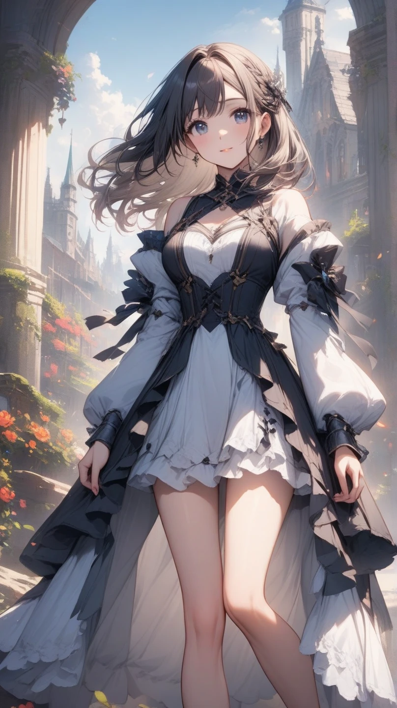 (((masterpiece, of the highest quality, super detailed))), (a female knight of an occult order), Edwardian/Victorian era inspired, ((minimal but intricate beautiful armour)), ((Fluttering lace flared dress with frilly petticoats)), ((((Highly detailed face))), ((ponytail, thick ponytail, heavy ponytail)), (((Very sharp focused eyes))), very long eyelashes, (resolved expression), (resolute expression), small breasts, occult aesthetic, (red and white clothing detailed and intricate steampunk and detailed gothic), (with a hood), thigh high flared socks, complex lace boots