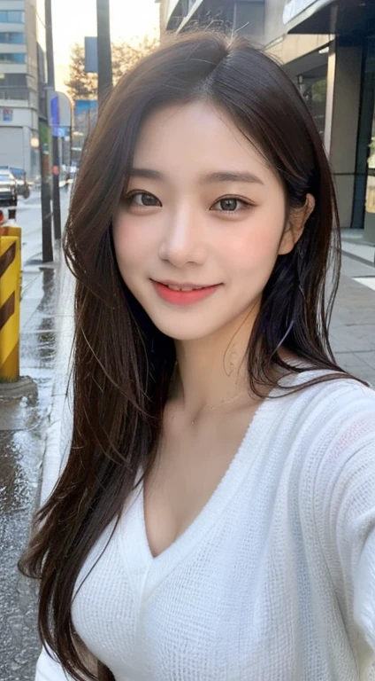 ((highest quality, 8k, masterpiece: 1.3)), sharp focus: 1.2, beautiful woman with perfect figure: 1.4, slim abs: 1.2, (layered hairstyles,: 1.2)), (wet white button long shirt: 1.3), rain: 1.3, street: 1.2, wet body: 1.1, Highly detailed face and skin texture, fine eyes, double eyelid, big breasts, smile,