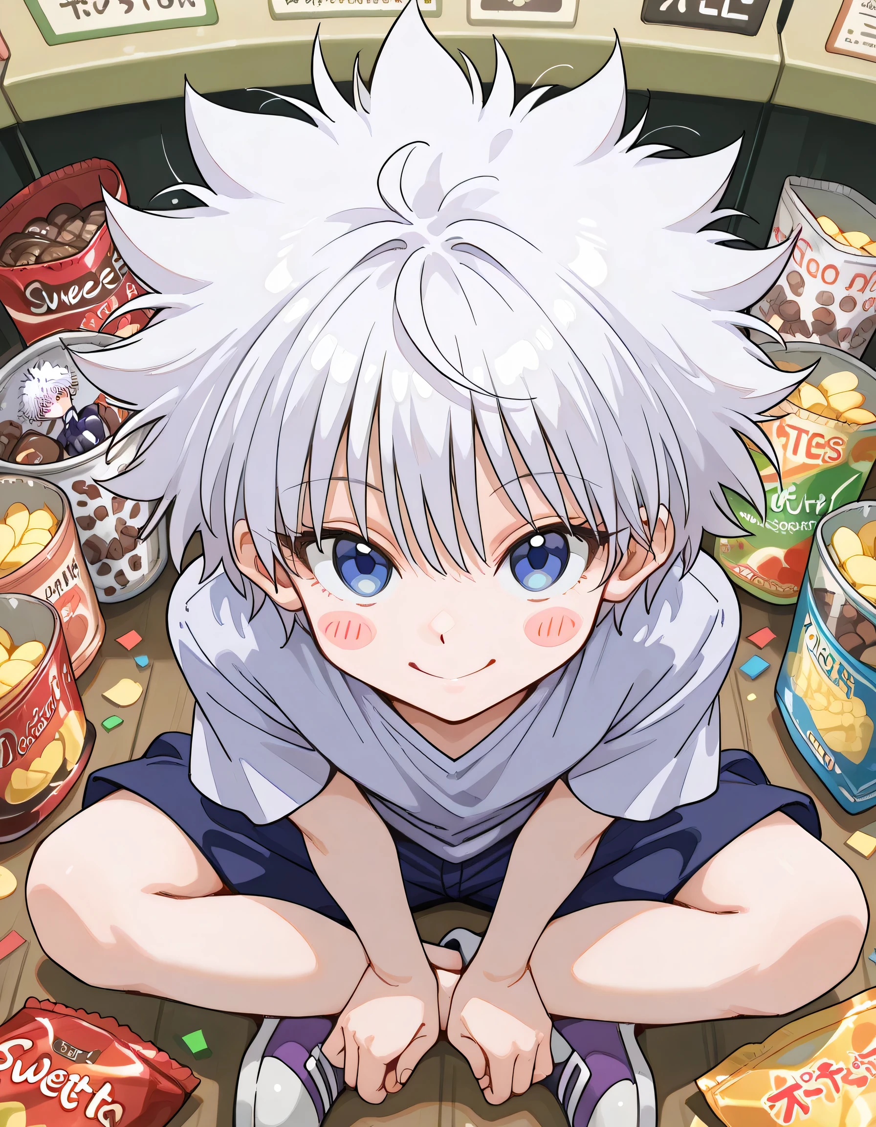 from above,(dynamic angle,dynamic indian style),solo,leaning forward:1.3,looking at viewer:1.3,close up face,man,killua_zoldyck, white hair, blue eyes, short hair, spiked hair, bangs, messy hair,((Surrounded by lots of packaged snacks and package of potato chips)),(( sweets and chocolate confectionery)), my fancy room, fun atmosphere, smiles, confetti,soft lineart,+ Cheeks full of leftovers, blush stickers, and a ton of treats