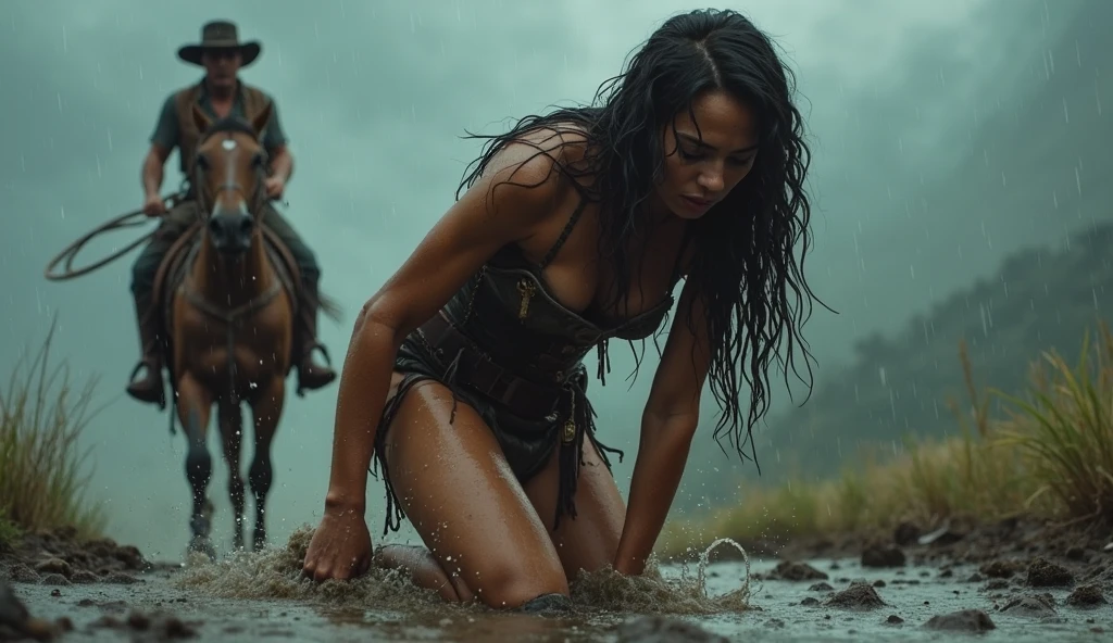 Wonder Woman with white skin chained in the beach, chained and shackled in the beach, (restrained:1.2), humiliation, (wet body), (ropes all over body:1.1), (surrounded by black man:1.2), crowded,