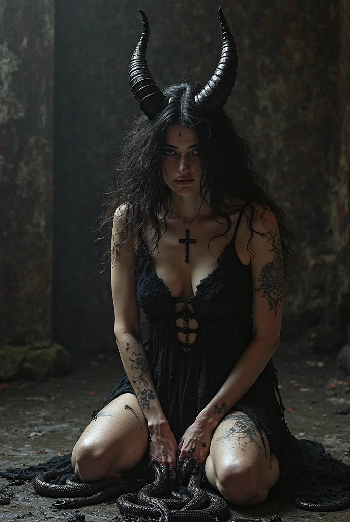 1solo, A beautiful succubus female demonic woman, linda e sensual, demon horns, cabelo preto, olhos pretos, batom preto escuro, sombras, seduzindo, roupa preta colada com Decote provocante, demon tail, a beautiful woman cosplaying as a demon. Fundo escuro desfocado, fundo preto minimalista desfocado. Estilo dark, fotografia de corpo inteiro ultra realista e detalhada. Full HD, 4K, high resolution. 