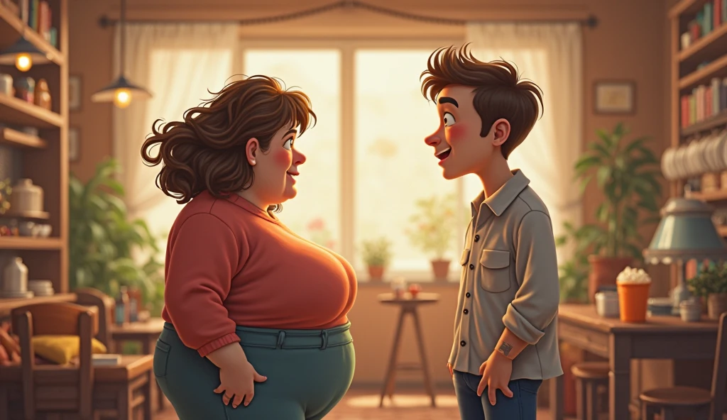 A tall man with curly dark hair and a chubby woman with brown and dark hair in a bar, The drunk man pissed and the woman caring. animated