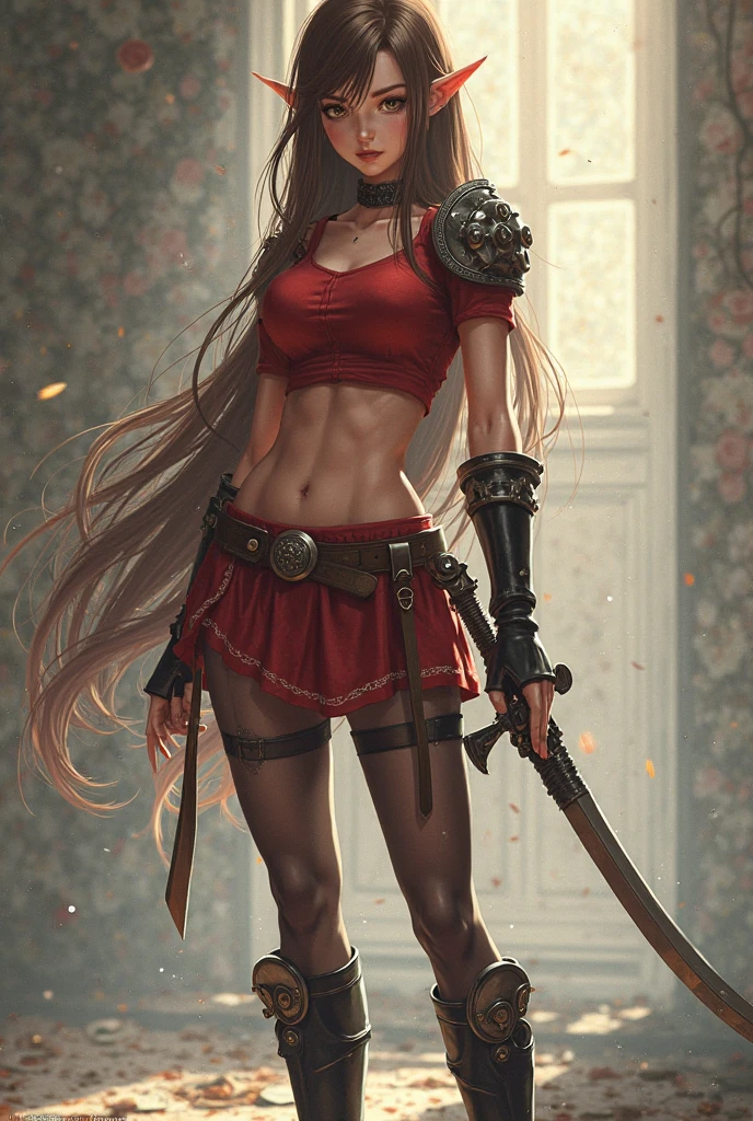 stunningly beautiful photo realistic cute warrior in skirt , using red chains, with red arms, Atey Ghailan, by Jeremy Mann, Greg Manchess, Antonio Moro, trending on ArtStation, trending on CGSociety, Intricate, High Detail, Sharp focus, dramatic, photorealistic painting art by midjourney and greg rutkowski